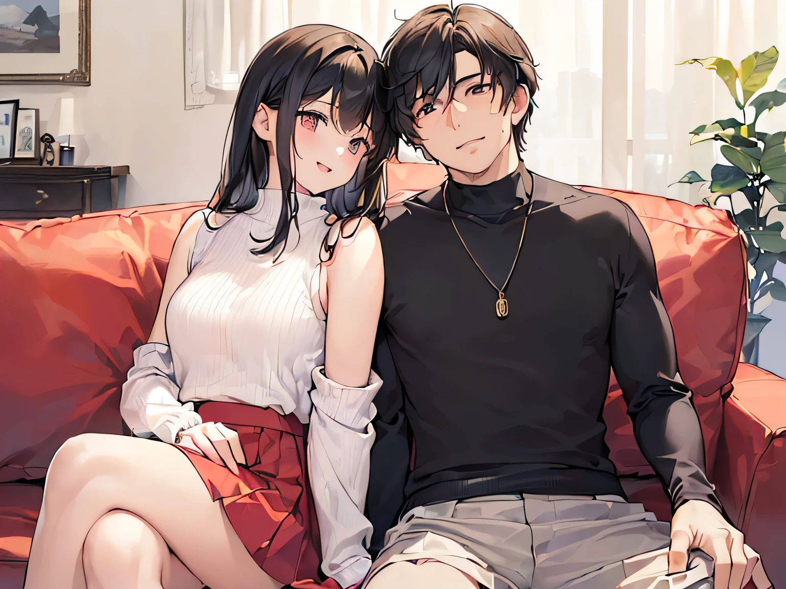 (Masterpiece, top quality, high resolution, realistic photo, realistic looking skin:1.1),
(A couple, a man and a woman, are sitting on a sofa in a living room:1.8),
(They look lovey-dovey and happy:1.8),
(woman is 18 years old, wearing a white sleeveless turtleneck knit, a red mini-skirt, white socks and short black hair:1.5),
(The man is 36 years old and a little older, but dressed normally except for wearing a long-sleeved shirt:1.5),
(The place is a sofa in the living room:1.5),
Both genders are Japanese, full-bodied, full-bodied ethnocentric, beautiful eyes, shining eyes, shining thighs, NSFW