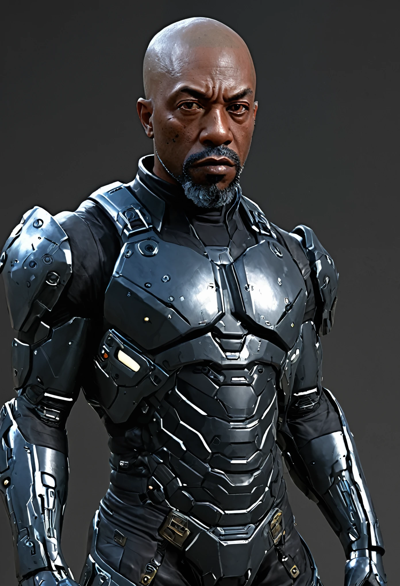 Shawt,a black man is LRex Texas

A human/cyborg bounty hunter, grizzled and world-weary
Body is augmented with futuristic cybernetic implants and weaponry
Renowned as one of the most skilled and dangerous bounty hunters in the galaxy
Weathered face with a cybernetic eye implant that can scan environments
Shaved head and muscular physique encased in flexible armored plating
Arsenal of interchangeable weapons and tech built into his cybernetic arms and torso
Personality is gruff but he has a moral code, deeply distrusts corporations and authority
Became a bounty hunter after being a soldier and seeing the worst the universe had to offer