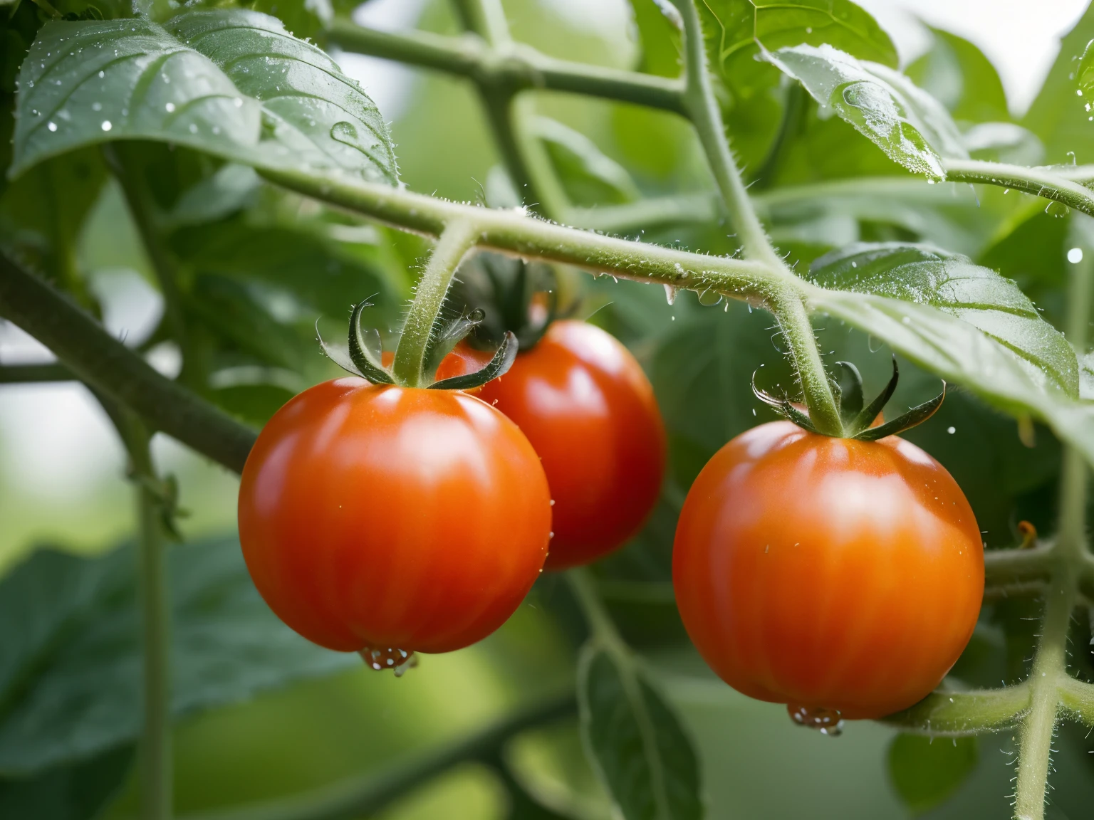 
tomato plant with fruit there are dew drops realistic detail 8k light color blur background
