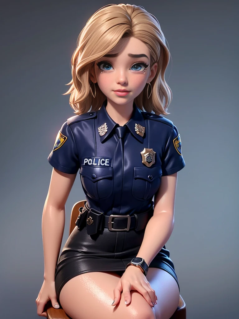 (masterpiece: 1.3), (Maximum resolution: 1.2), (Ultra HDTV: 1.2), Cinema Lighting, Ultra HDTV, (Detailed eyes and skin), (Detailed facial features), High resolution, 8K resolution, Sharp focus: 1.2, Perfect Style, Beautiful Face, Accurate, Anatomically correct, Highly detailed face and skin texture, fine grain, Dark blue eyes, double eyelid, Thin eyebrows, Glitter Eyeliner: 1.2, Natural Cheeks, Glowing Skin, Fair skin: 1.2, Shiny little necklace and earrings, (Glossy lips: 1.4), break, First Person View, (She is a female police officer), (((Black watches on both wrists:1.2))),(((Wear a sleeveless button-up shirt, Ultra mini skirt:1.6, Shiny police belt,To the Navy, short boots))), (((Exposing your thighs))),(Captivating smile: 1.2), (look at me), ((Pure and cute girl:1.2)), (Layered Hairstyles, Wavy Hair, Light brown hair, Diagonal bangs), Medium Long Hair, (Full Body Shot: 1.3), Focus on the face, ((Very close relationship: 1.2)), (Medium large breasts), (((Monotone background,Inside the police station: 1.6))), ((sit cross-legged on a chair:1.5)), from before,(((Tears in my eyes:1.2)))