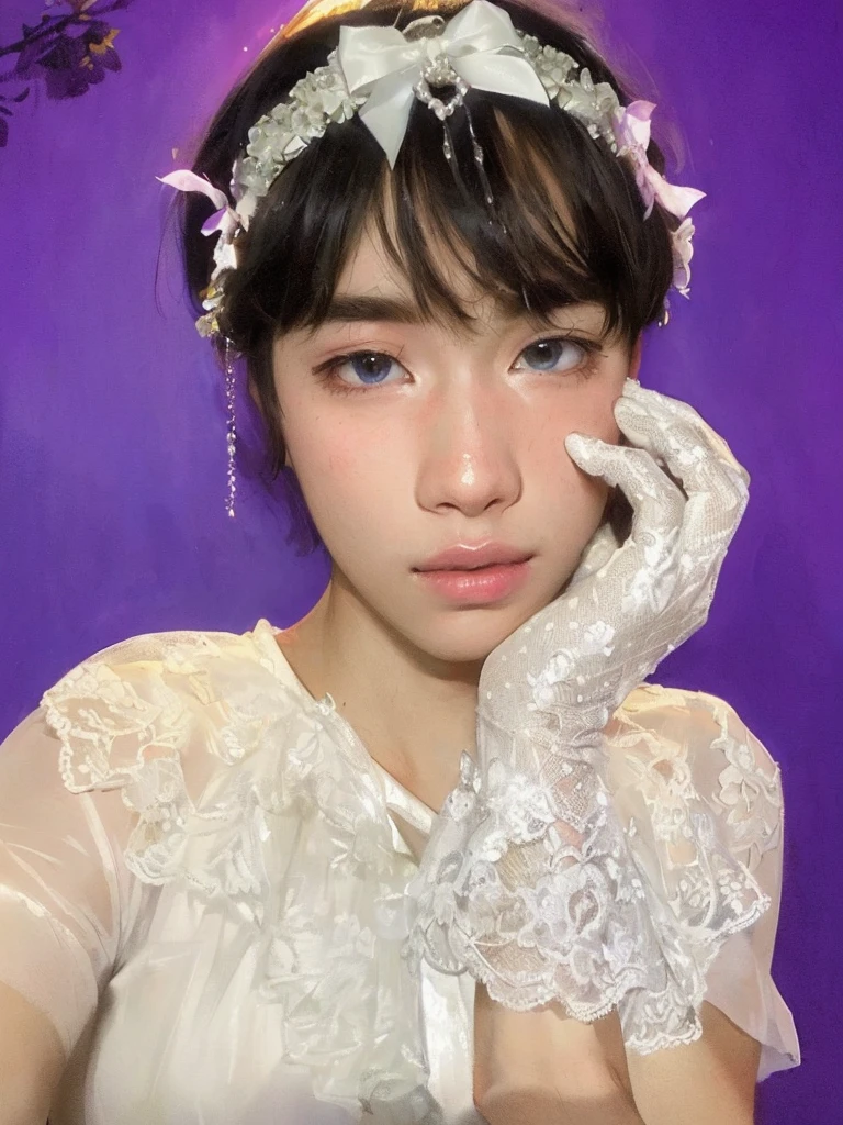 there is a man in a white dress, fairy core, brancos luvas, olhar de fada, usando halo de anjo covered face, Ulzzang, , olhos grandes e vestido branco, bonito, usando halo de anjo, pale milky white porcelain skin, franja, pele branca de porcelana, affeminate boy, garoto afeminado, ultra qualidade, hd