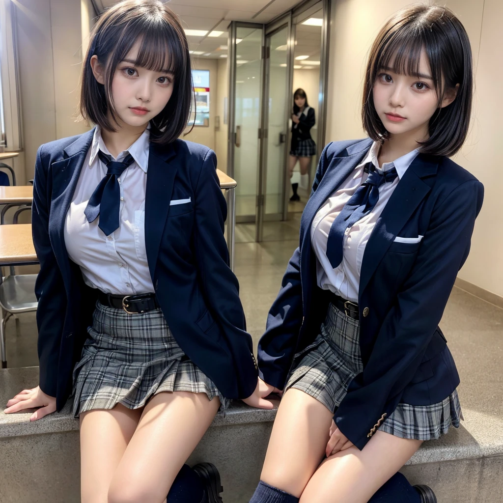 muster piece, best quality, illustration, Super detailed, fine details, High resolution, 8K,wall paper, perfect dynamic composition,(Details High quality, realistic depiction of eyes:1.3), (2 girls, 2 schoolgirls:1.2), from side, High School Classroom、High school girl uniform、blazer 、Super Short Check Uniform Skirt、Navy blue high socks、garterbelts、Colossal tits、Disturbed uniform,  short bob hair, black hair color, huge breasts, Big Natural Color Lip, bold sexy pose, (perfect body shape), crying a little、cold gaze, Harajuku style、20 year old girl、 beautiful legs, hposing Gravure Idol, Voluptuous thighs