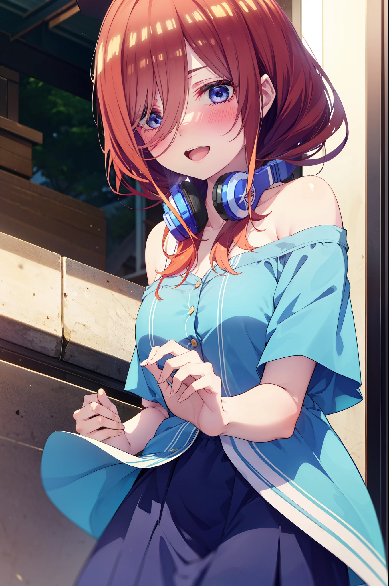 Mikunakano, Miku Nakano, Long Hair, bangs, blue eyes, Brown Hair, shirt, Hair between the eyes, Headphones around the neck,happy smile, smile, Open your mouth,Off-the-shoulder blue dress,Bare shoulders,bare clavicle,Bare neck,Bare arms,Blue long skirt,Cute heeled sandals,Real Summer,Daytime,sunny,My hair is blowing in the wind,whole bodyがイラストに入るように,
breakindoors, garden,
break looking at viewer, whole body,
break (masterpiece:1.2), highest quality, High resolution, unity 8k wallpaper, (shape:0.8), (Beautiful details:1.6), Highly detailed face, Perfect lighting, Highly detailed CG, (Perfect hands, Perfect Anatomy),