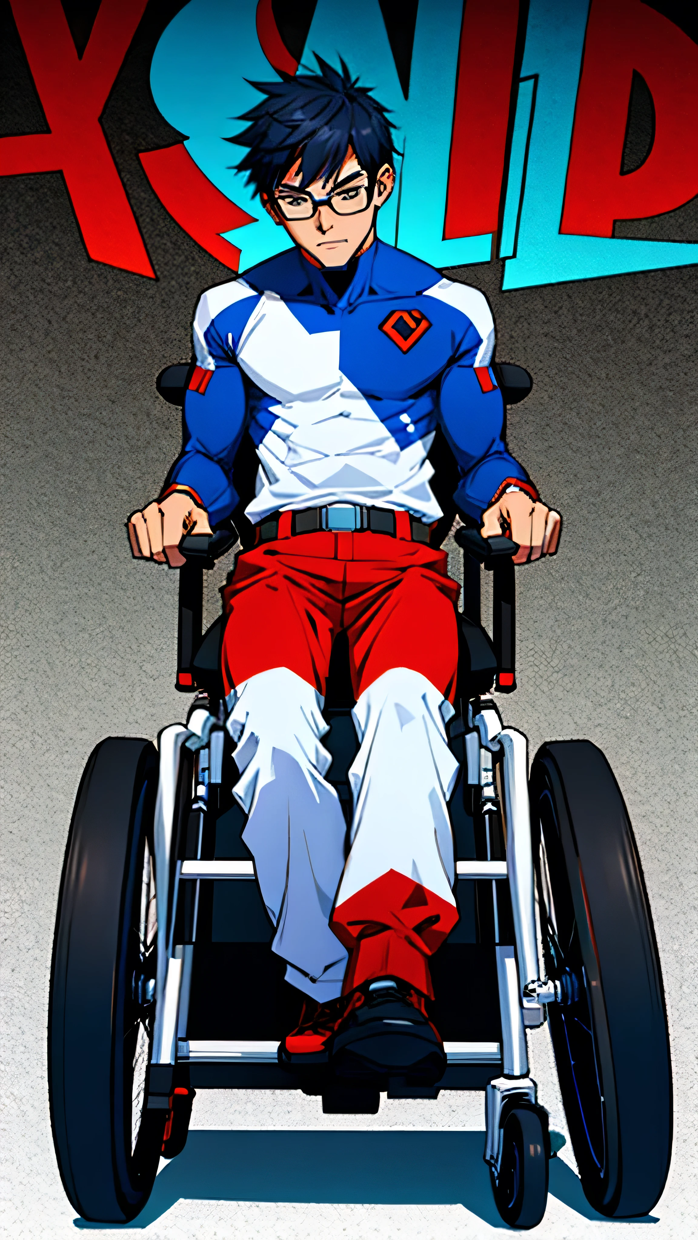 boy,superhero, disabled, wheelchair, superpower is imagination, nerd,costume is blue red and whit