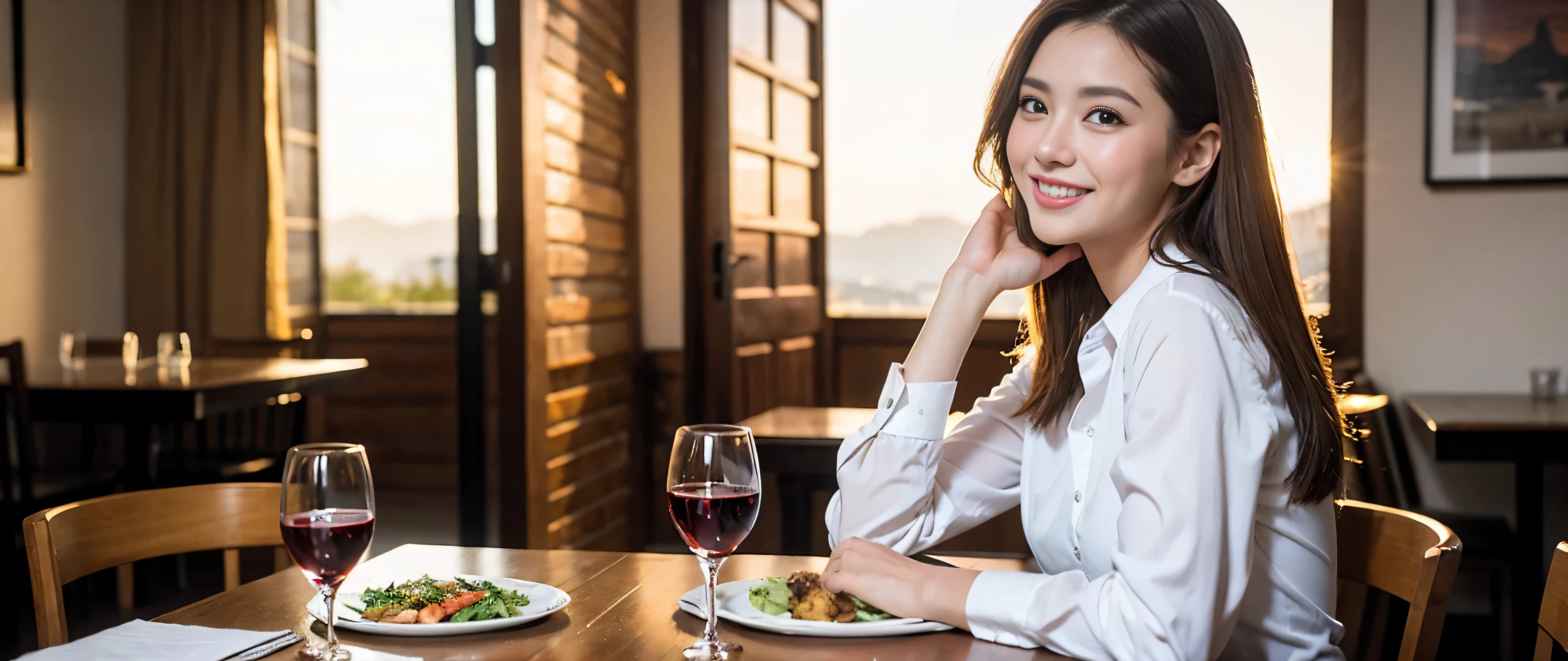 ((highest quality、8k、masterpiece:1.3))、1 male 1 female、Couple、lover、Couple、Slim body、((Bob Hale、Straight hair:1.2))、(Realistic, Intricate details:1.2), Wine glass on the table、Put the light on your face、 Amazing view of the sunset sky and clouds、Amazing mountain views、A bright smile、A lovely woman with a smile、Bright image、2. The beauty of wine, Beautiful Face, blue eyes, The light shines on your face, Blushing, short hair,Bright Face、Fox face、 (40 years old), 39 years old, Lady、red wine 、Appetizers、Italian food、Wine bottle、Champagne、sparkling wine、Two beauties、Brown Hair、Shortcuts、Long sleeve shirt、dress、Pretty Woman 1, (Slim face), (The body is slim), (Brown Hair), (Shortcuts), cheeks turn a little red,Attractive beauty、, Out of the window, A beautiful and detailed night view unfolds.........., restaurant, In a prominent place (From the waist up) Nova Frog Style, actress, model, Upper Body, White wine, slim, wine glass, A wine glass placed in the middle, smile, (smile: 1.15), Beautiful fine grain, Depth f/2,saturation, High Contrast, Strong light and shadow,Moist Body:1.5、3D texture、Delicate eyes、Brown Hair、The hair is very shiny、