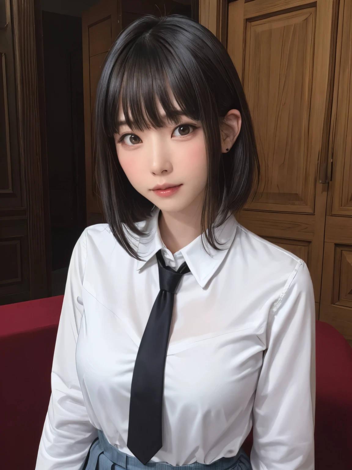 (masterpiece:1.3), (Realistic, RAW Photos, highest quality: 1.4), (One Girl), Beautiful Face, (超Realistic Face、シンメトリーのBeautiful Face), (Short black hair, short hair:1.6、bangs:1.3、Show off your beautiful ears), Beautiful Hairstyles, (Realistic eyes), Beautiful details, Long eyelashes, (Realistic Skin), Beautiful Skin, {huge|big|hugeな|Mega} chest:2, (Perfect body:1.3), (Detailed body:1.2), (tie), (Collared shirt, Pleated skirt:1.3), Absurd, charm, Ultra-high resolution, Ultra-realistic, Very detailed, Golden Ratio,Very cute beautiful woman、28 years old、Beautiful angle from the back