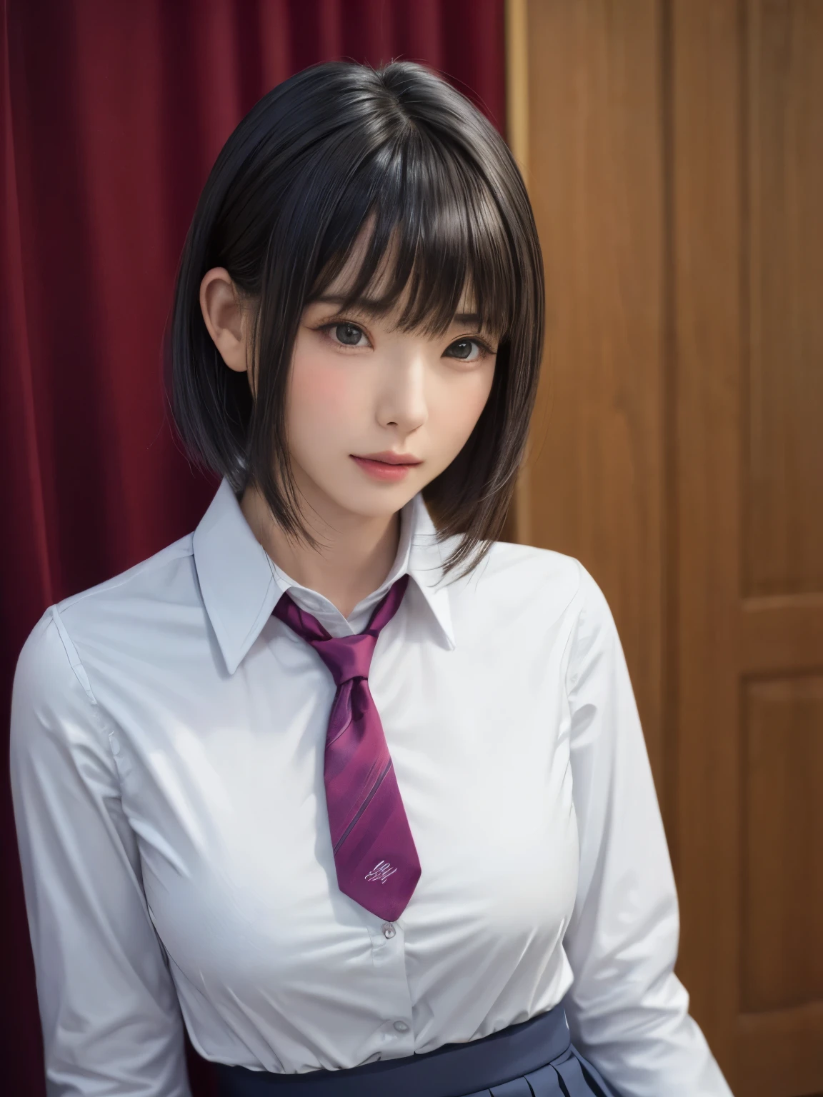 (masterpiece:1.3), (Realistic, RAW Photos, highest quality: 1.4), (One Girl), Beautiful Face, (超Realistic Face、シンメトリーのBeautiful Face), (Short black hair, short hair:1.6、bangs:1.3、Show off your beautiful ears), Beautiful Hairstyles, (Realistic eyes), Beautiful details, Long eyelashes, (Realistic Skin), Beautiful Skin, {huge|big|hugeな|Mega} chest:2, (Perfect body:1.3), (Detailed body:1.2), (tie), (Collared shirt, Pleated skirt:1.3), Absurd, charm, Ultra-high resolution, Ultra-realistic, Very detailed, Golden Ratio,Very cute beautiful woman、28 years old、Beautiful angle from the back