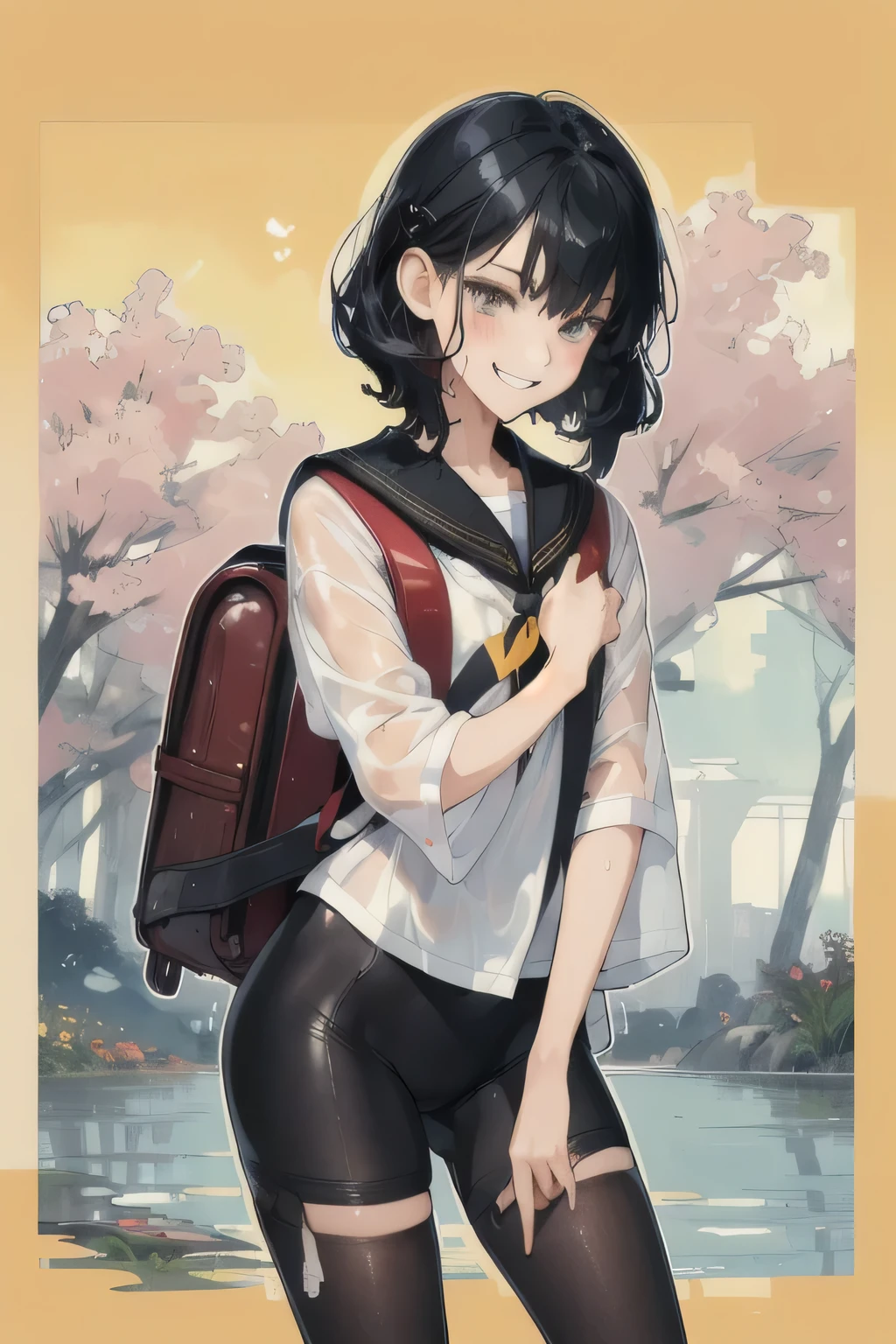 8 year old girl, Solitary, rest, Double tail, Black Hair, Bangs, Long eyelashes, beautiful eyes, full,Yellow and black, lips, Meat Leg, permanent, hair clipss, Uniforms,Japanese sailor suit,Knee socks, Lando Seru Backpack,(many, Impressionism, painting)、Disheveled、Clothing that fits snugly,Chest contour、(((Wet clothing))(((Ultra-thin clothing))),((Flesh outline)),Grinning
