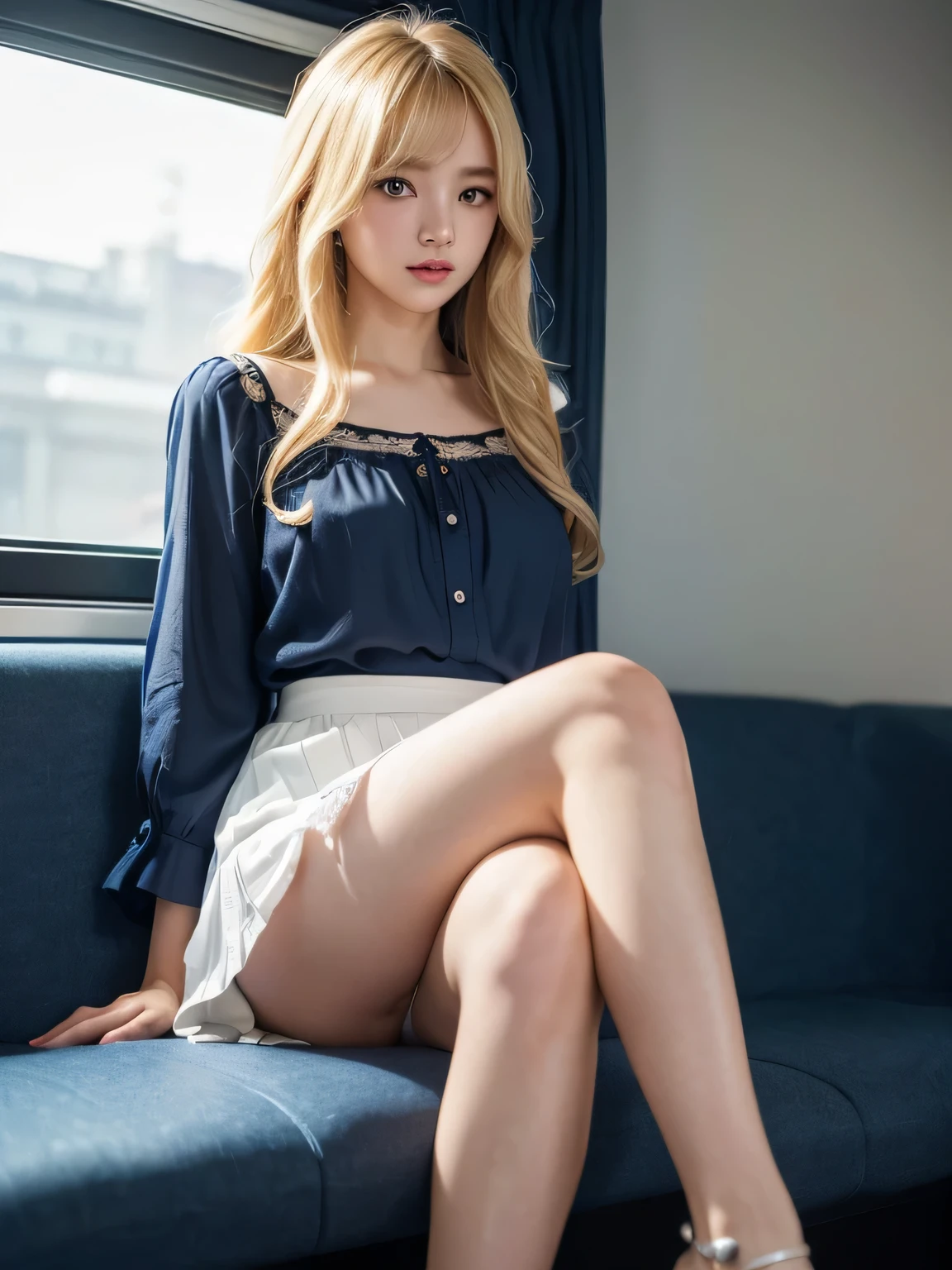 8K、Photo image masterpiece、highest quality、Super-resolution、Angle low-angle image from the feet、Voyeur、Beautiful woman with golden curly hair、((Blonde beauty))、With bangs、Impossibly cute face、And slim、Small breasts、High resolution、masterpiece、Exquisite Function 、Delicate eyes、Delicate blonde hair、8K quality、Pale light and shadow、Dindal effect、Blond hair blown by the wind、With bangs、Random Hairstyles、((A photo from the delicate feet)、(Detailed RAW Photos of Girls)、(Tabletop:1.25)、 (Highest quality:1.6)、(超High resolution:1.5)、(Real:1.75)、8K resolution、Image from the foot、 (RAW Photos:1.2), (Realistic:1.4), Beautiful detailed woman, Very narrow waist、Very detailed eyes and face, Beautiful fine details, Ridiculous、Large file size、Very detailed、High resolution、highest quality、masterpiece、((A light navy blue summer blouse and a white skirt))、Very detailed、CG、Unified、8k wallpaper、wonderful、The finer detailasterpiece、highest quality、 Light on the face、Cinema Lighting、One 23 year old woman、((Inside a crowded train、Woman sitting in the front seat of a train、There are men sitting on either side、The man on the right touches her thigh.、The man on the left is touching her breasts.、thighs are closed、Legs do not open、Wearing high heels、sunglasses、White Stockings、garter belt、Direct light from below、The inside of the skirt is also clearly visible.、Liked images、Voyeur: T-back panties of random colors and shapes peeking out from under a skirt、See-through thong panties、))