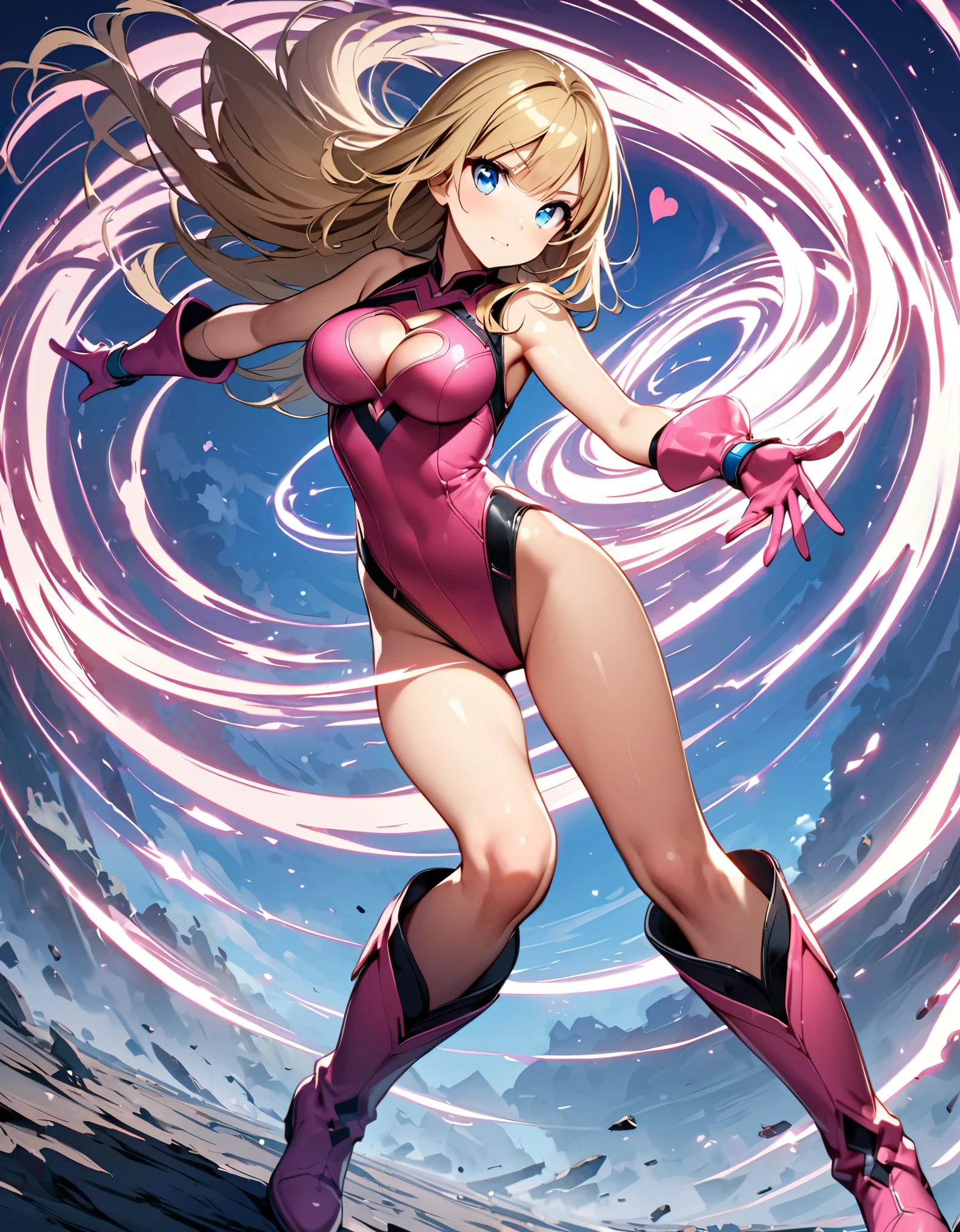 ((masterpiece)), ((best quality)), ((high res)), 1girl, solo, solo focus, (leotard, perfect leotard, pink leotard, sleeveless, bare legs), matching boots, looking at the viewer, blue sky backdrop, hand, perfect hands, complete fingers, perfect anatomy, medium breasts, (blonde hair, long hair, mid-length hair, hair down, bangs), knee boots, blue eyes, beautiful detailed eyes, beautiful detailed face, cute face, (cleavage heart cutout), pink gloves, pink footwear, superhero, heroic, spread arms. legs straight, spins in place like a (tornado). she spins at an incredible speed, creating a whirlwind of air around her. spiral lines around her body, cyclone winds around, tornado spinning, curved sword slash. full body with costume. time travel.