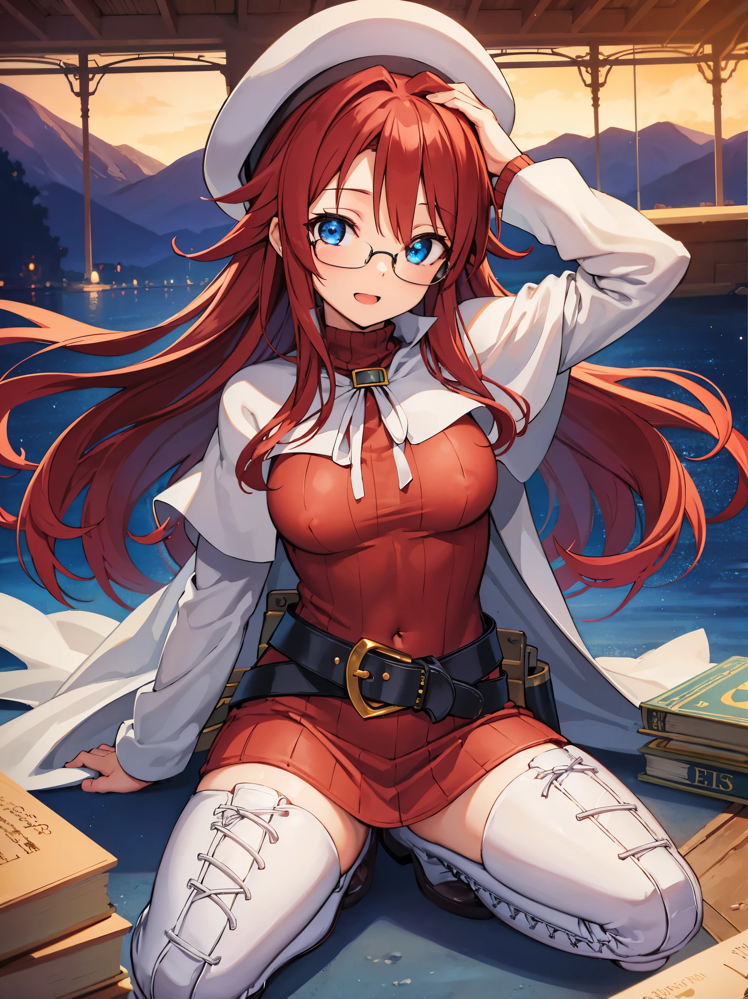 pov,nsfw,summonnightaty, aty, (young:1.3),long hair, blue eyes, red hair, large_beret, hat, glasses,
BREAK long hair, thighhighs, hat, dress, boots, glasses, belt, cape, sweater, zettai ryouiki, beret, thigh boots, white footwear, ribbed sweater, loose belt,solo,
BREAK outdoors, fantasy,on_the_ship,on_the_ship's_railing
,
BREAK (masterpiece:1.2), best quality, high resolution, unity 8k wallpaper, (illustration:0.8), (beautiful detailed eyes:1.6), extremely detailed face, perfect lighting, extremely detailed CG, (perfect hands, perfect anatomy),covered_nipples,covered_navel,light_smile ,(half_eyes:1.4),sword,armpit,sleepy,dynamic_sitting,barrel,red_sweater,apart_legs,magical_effect,spread_legs, have_a_book,open_mouth,teacher,rise_knee,