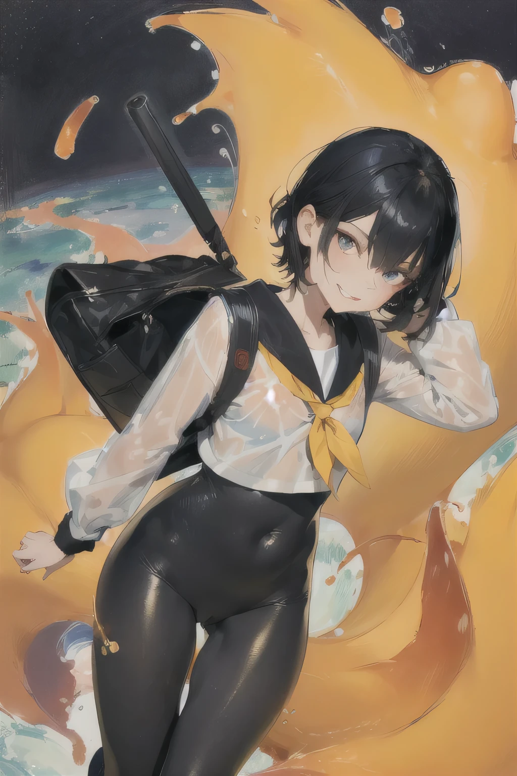 8 year old girl, Solitary, rest, Double tail, Black Hair, Bangs, Long eyelashes, beautiful eyes, full,Yellow and black, lips, Meat Leg, permanent, hair clipss, Uniforms,Japanese sailor suit,Knee socks, Lando Seru Backpack,(many, Impressionism, painting)、Disheveled、Clothing that fits snugly,Chest contour、(((Wet clothing))(((Ultra-thin clothing))),((Flesh outline)),Grinning