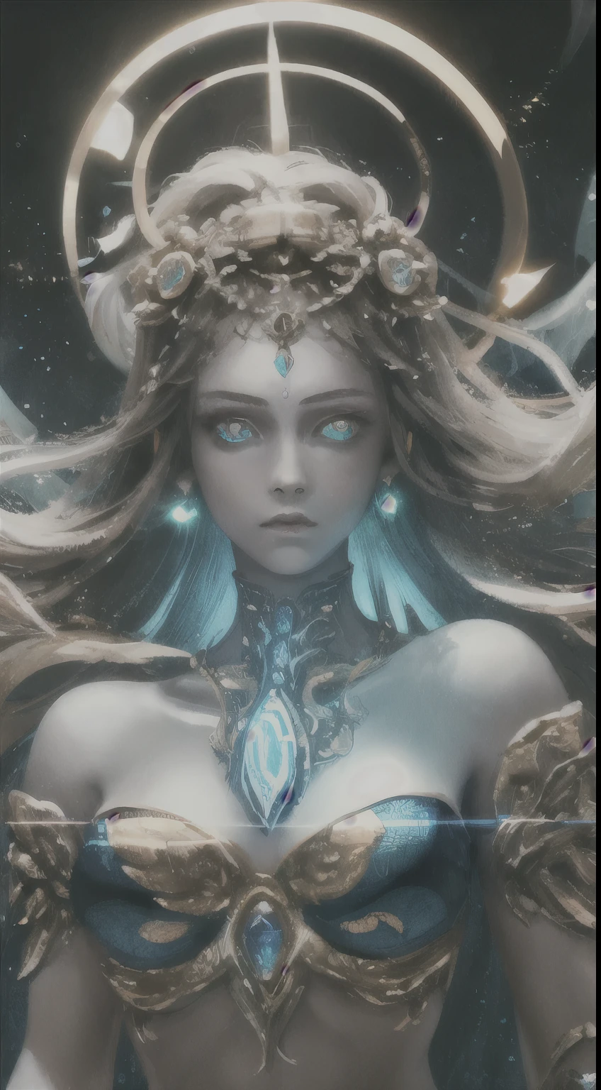 ((best quality)), ((masterpiece)), ((realistic)), portrait
1girl, celestial, deity, goddess, light particles, halo, looking at viewer, Resolute eyes, bare shoulders, boob tube top,expressionless,
(bioluminescent:0.95) ocean, bioluminescent, vibrant, colourful, color, (glowing, glow),
(beautiful composition), cinematic lighting, intricate, (symmetrical:0.5), whimsical,