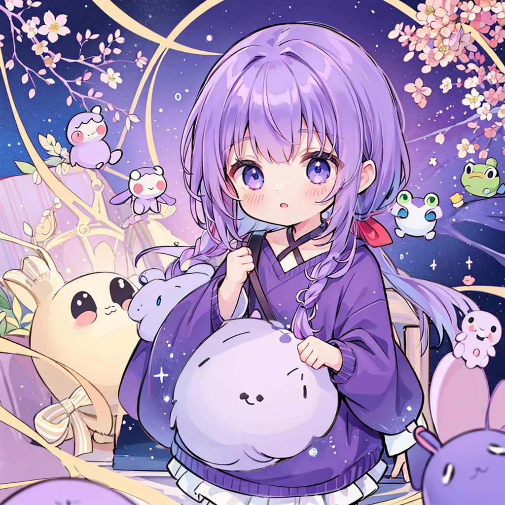 highest quality、masterpiece、Chibi Character、3 years old、boy、purpleの髪、Blue eyes、Frog costume、Looking up、hair、purple、Side braid