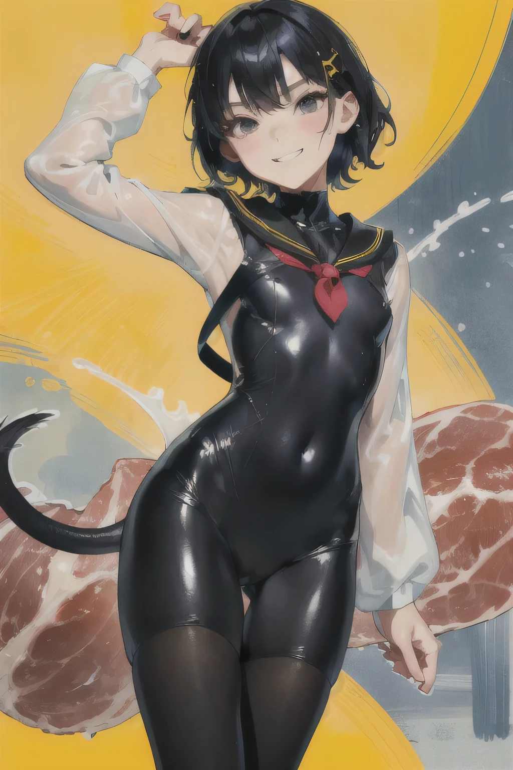 8 year old girl, Solitary, rest, Double tail, Black Hair, Bangs, Long eyelashes, beautiful eyes, full,Yellow and black, lips, Meat Leg, permanent, hair clipss, Uniforms,Japanese sailor suit,Knee socks, Lando Seru Backpack,(many, Impressionism, painting)、Disheveled、Clothing that fits snugly,Chest contour、(((Wet clothing))(((Ultra-thin clothing))),((Flesh outline)),Grinning