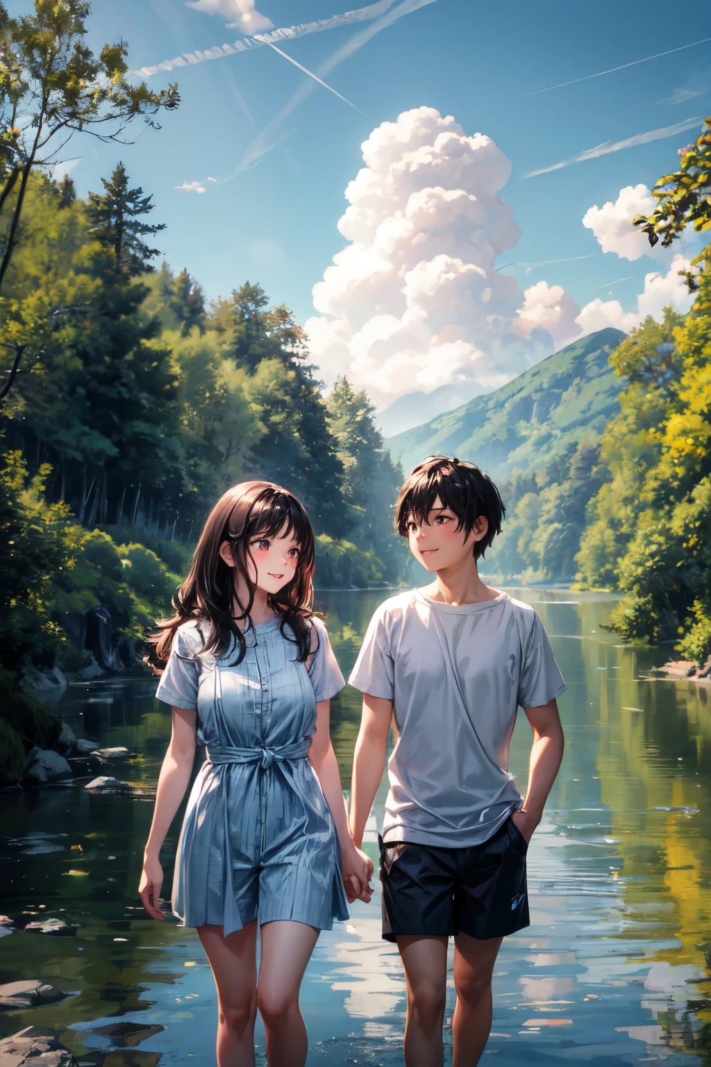 ((best quality)), ((masterpiece)), (detailed), perfect face,Create a charming, heartwarming scene of a cute girl and a cute boy walking hand-in-hand along a riverbank. The girl has long, wavy hair and is wearing a light, summery dress, while the boy has short, tousled hair and is dressed in a casual t-shirt and shorts. They are smiling and looking at each other affectionately. The river beside them is calm and clear, reflecting the blue sky above. The riverbank is lush with green grass, wildflowers, and a few scattered trees providing dappled shade. In the background, there are gentle hills and a bright, sunny sky with a few fluffy clouds. The overall mood of the image should be one of youthful joy, love, and the simple pleasures of a beautiful day outdoors.