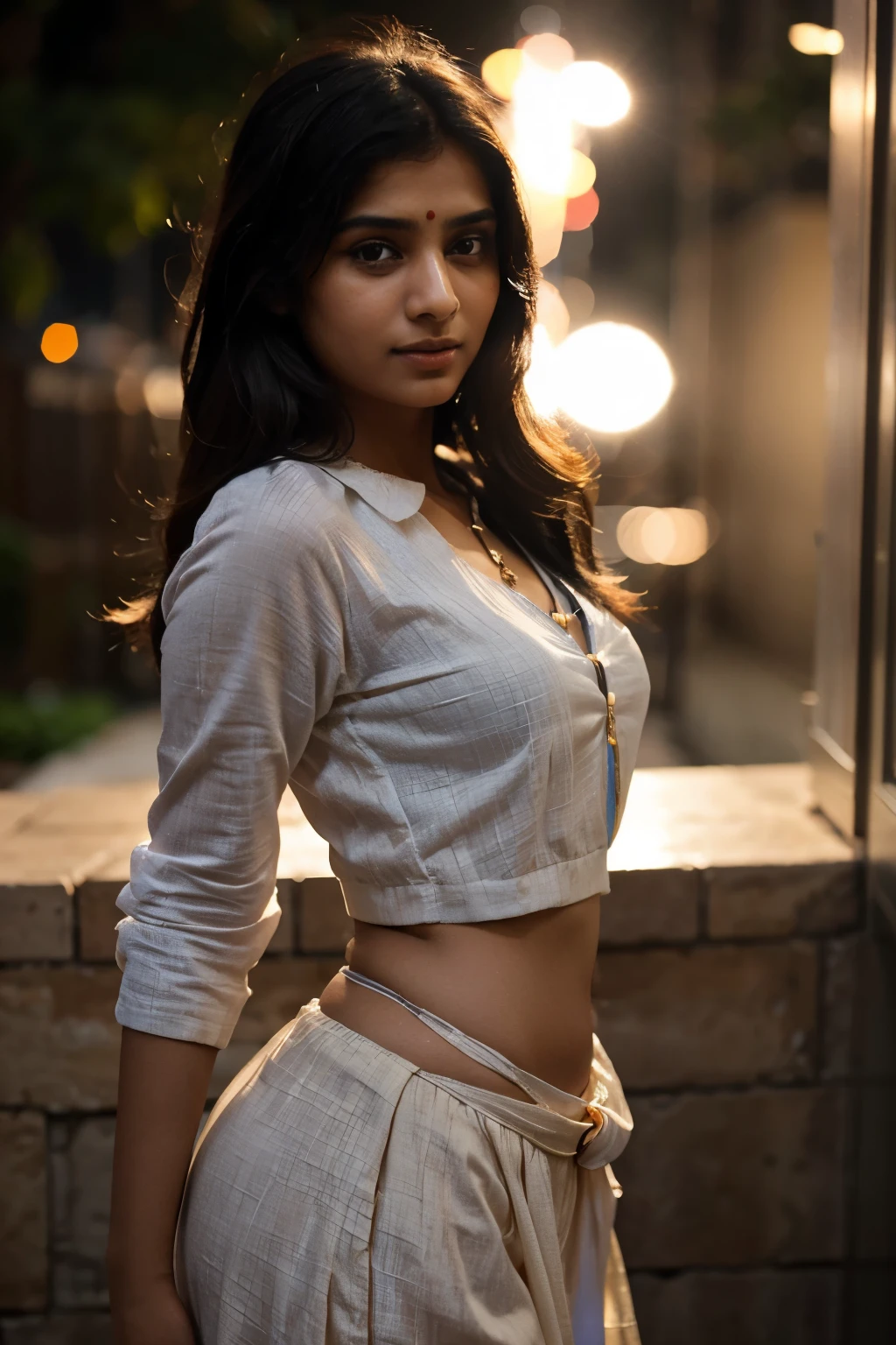 An Indian girl dressed in a Shalwar, an ethereal beauty, attractive feminine form, lovely figure, posing like a professional model, flirty facial expressions, amazingly beautiful, ultra high definition clarity, background bokeh, DSLR shot with a prime lens, romantic lighting