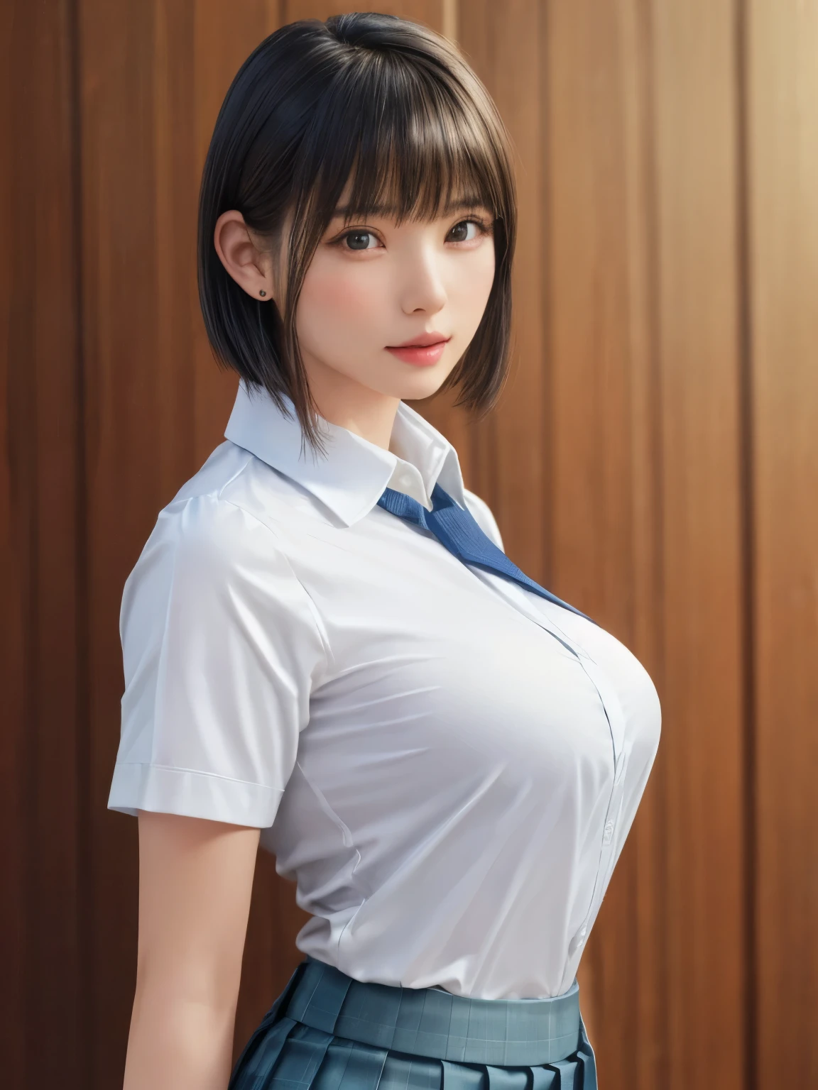 (masterpiece:1.3), (Realistic, RAW Photos, highest quality: 1.4), (One Girl), Beautiful Face, (超Realistic Face、シンメトリーのBeautiful Face), (Short black hair, short hair:1.6、bangs:1.how off your beautiful ears), Beautiful Hairstyles, (Realistic eyes), Beautiful details, Long eyelashes, (Realistic Skin), Beautiful Skin, [Big3], {huge|big|hugeな|Mega} chest:2, (Perfect body:1.3), (Detailed body:1.2), (tie), (Collared shirt, Pleated skirt:1.3), Absurd, charm, Ultra-high resolution, Ultra-realistic, Very detailed, Golden Ratio,Very cute beautiful woman、28 years old、Beautiful angle from the back
