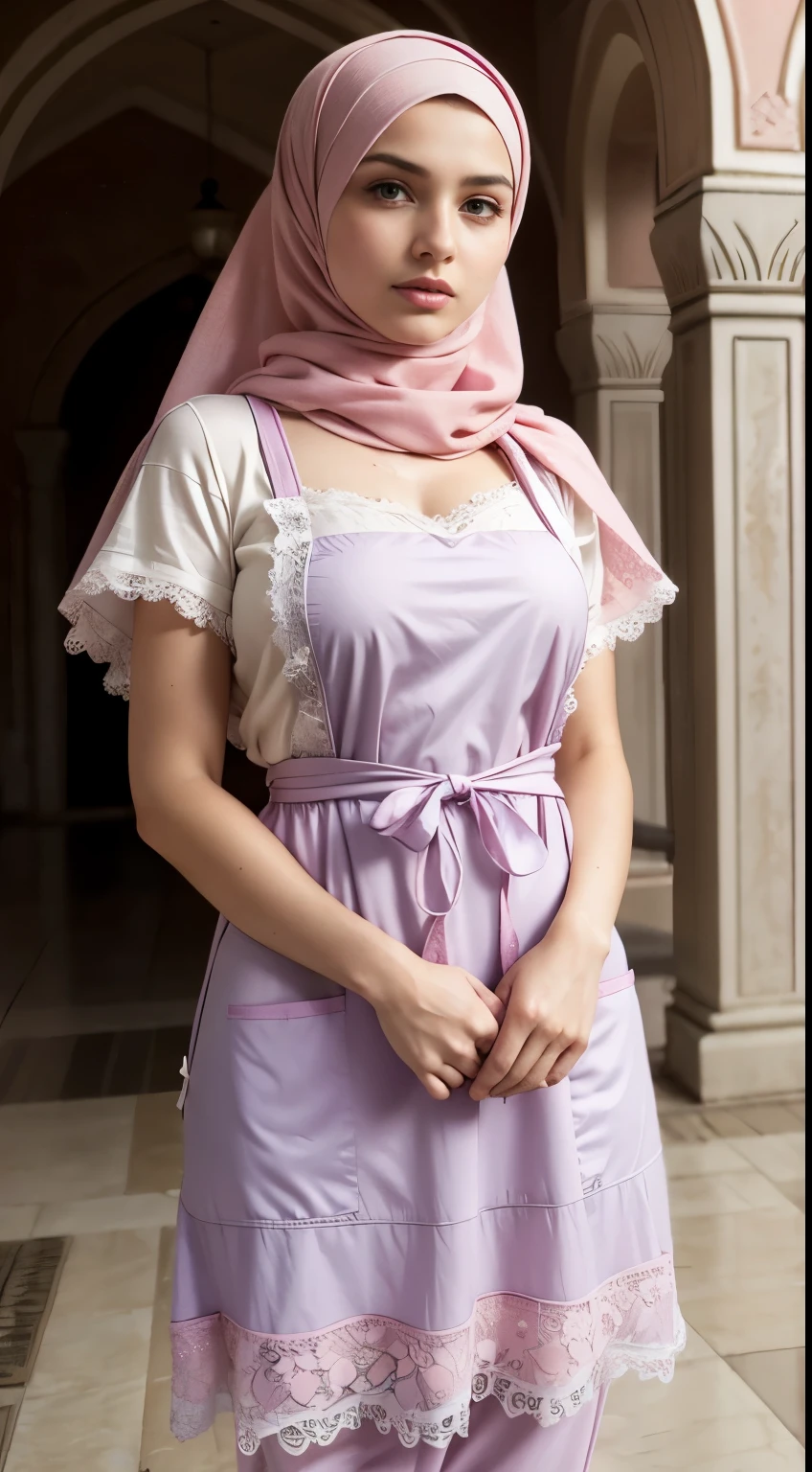 pastel pink hijab, best quality, Beautiful hijab details, Bewitching face, Russian teenage model, long eyelashes, Wearing a very wet colorful apron, with wet lace fabric showing the wet colorful apron, Detailed details, Colossal, With cleavage, looking at the camera. Background in the mosque courtyard