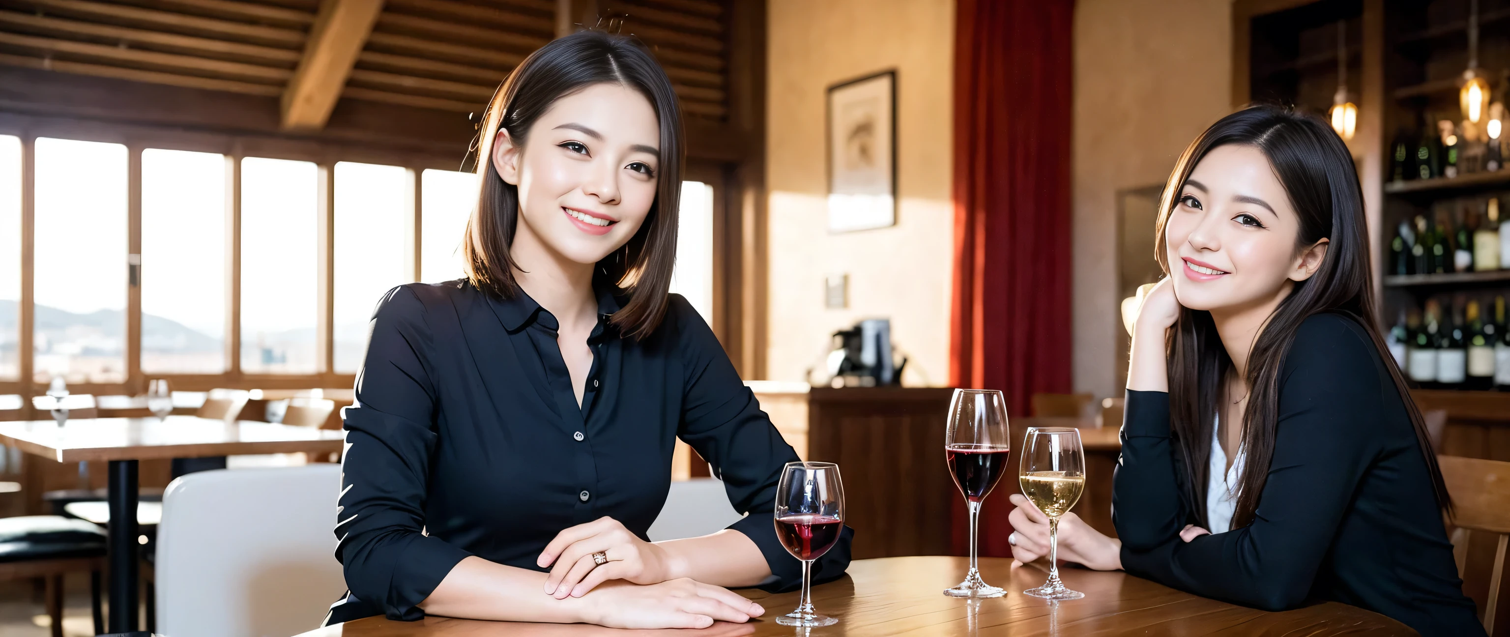 ((highest quality、8k、masterpiece:1.3))、1 male 1 female、Couple、Lovers Couple、Slim body、((Bob Hale、Straight hair:1.2)), (Realistic, Intricate details:1.2), Wine glass on the table、Shine light on your face、 Amazing view of the sunset sky and clouds、Amazing mountain views、A bright smile、The wonderfulness of smile、Bright image、The beauty of wine, Beautiful Face, blue eyes, The light shines on your face, Blushing, short hair,Bright Face、 (Age 37), 39 years old, red wine 、Appetizers、Italian food、Wine bottle、Champagne、sparkling wine、Two beauties、Brown Hair、Shortcuts、Long sleeve shirt、dress、Pretty Woman 1, (Slim face), (The body is slim), (Brown Hair), (Shortcuts), cheeks turn a little red,Attractive beauty、restaurant, In a prominent place (From the waist up) Nova Frog Style, actress, model, Upper Body, White wine, slim, wine glass, A wine glass placed in the middle, smile, (smile: 1.15), Beautiful fine grain, Depth f/2,saturation, High Contrast, Strong light and shadow,Moist Body:1.5、3D texture、Delicate eyes、Brown Hair、The hair is very shiny、