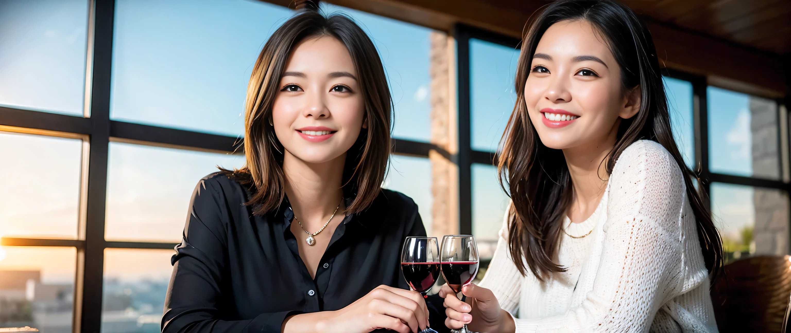 ((highest quality、8k、masterpiece:1.3))、1 male 1 female、Couple、Lovers Couple、Slim body、((Bob Hale、Straight hair:1.2)), (Realistic, Intricate details:1.2), Wine glass on the table、Shine light on your face、 Amazing view of the sunset sky and clouds、Amazing mountain views、A bright smile、The wonderfulness of smile、Bright image、The beauty of wine, Beautiful Face, blue eyes, The light shines on your face, Blushing, short hair,Bright Face、 (Age 37), 39 years old, red wine 、Appetizers、Italian food、Wine bottle、Champagne、sparkling wine、Two beauties、Brown Hair、Shortcuts、Long sleeve shirt、dress、Pretty Woman 1, (Slim face), (The body is slim), (Brown Hair), (Shortcuts), cheeks turn a little red,Attractive beauty、restaurant, In a prominent place (From the waist up) Nova Frog Style, actress, model, Upper Body, White wine, slim, wine glass, A wine glass placed in the middle, smile, (smile: 1.15), Beautiful fine grain, Depth f/2,saturation, High Contrast, Strong light and shadow,Moist Body:1.5、3D texture、Delicate eyes、Brown Hair、The hair is very shiny、