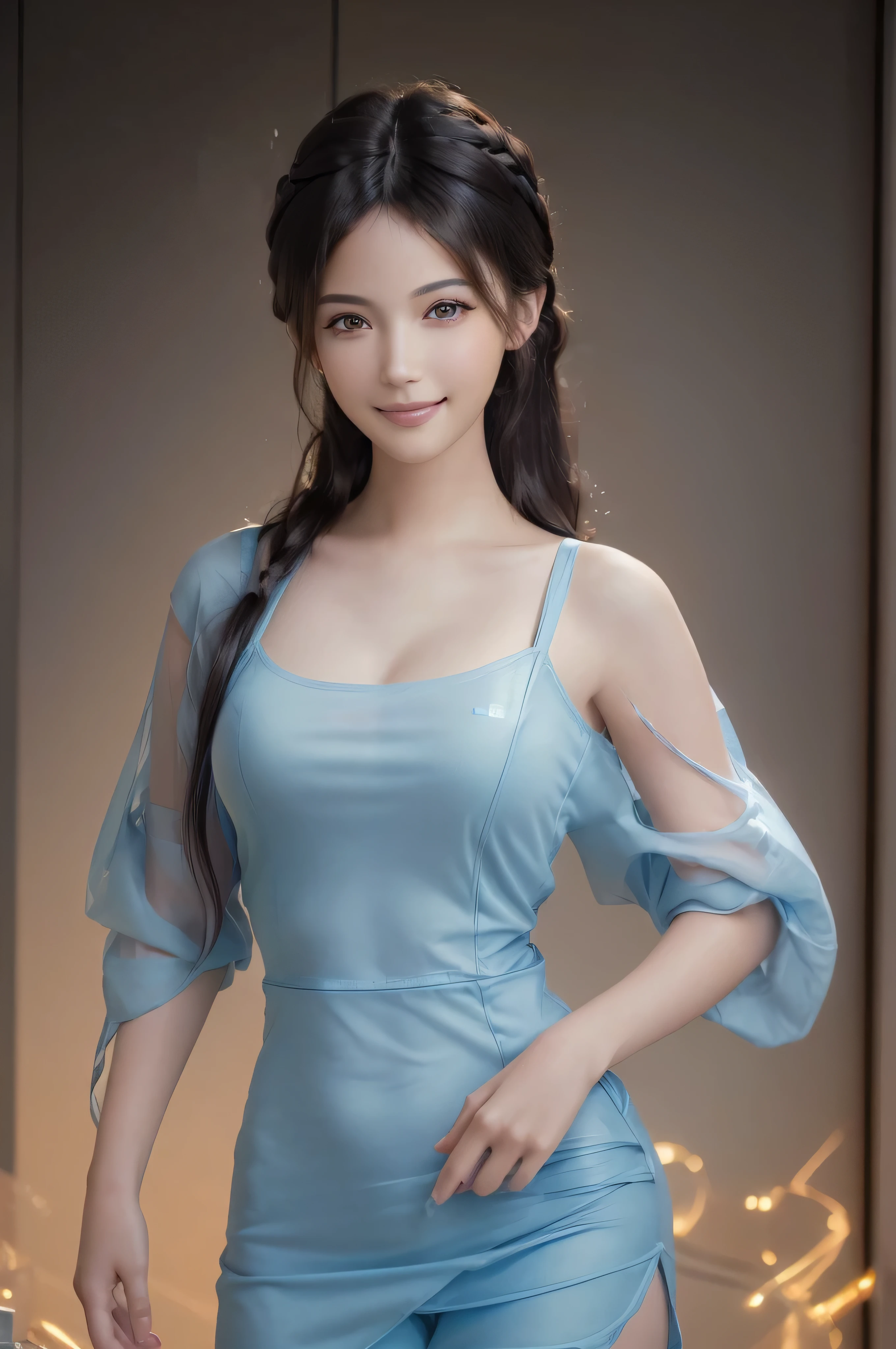 (Masterpiece: 1.3), (8k, photorealistic, RAW photo, top quality: 1.4), (1girl), beautiful face, (realistic face), (black hair), beautiful hairstyle, realistic eyes, beautiful detail eyes, (realistic skin), beautiful skin, absurdity, attractive, ultra high resolution, ultra realistic, high definition, golden ratio, whole body, smiling teeth are visible, beautiful smile,