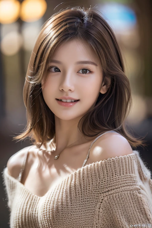 ((highest quality)), ((masterpiece)), (detailed), Perfect Face、Perfect body、Light brown hair、Beautiful Skin、Cleavage、girlfriend on date、Russian Beauty、(masterpiece:1.3), (8k, Photorealistic, Raw photo, Best image quality: 1.4), (Random Hairstyles:1.2)、Cleavage:1.2、Super detailed face、Attention to detail、double eyelid、Put your chest together、Sharp focus:1.2、Beautiful woman:1.4、Light brown hair、highest quality、masterpiece、超A high resolution、(Photorealistic:1.4)、Very detailed and professionally lit smiles、Loose, lightweight knitwear、Shoulders out、thin、Serious expression、Deadly position