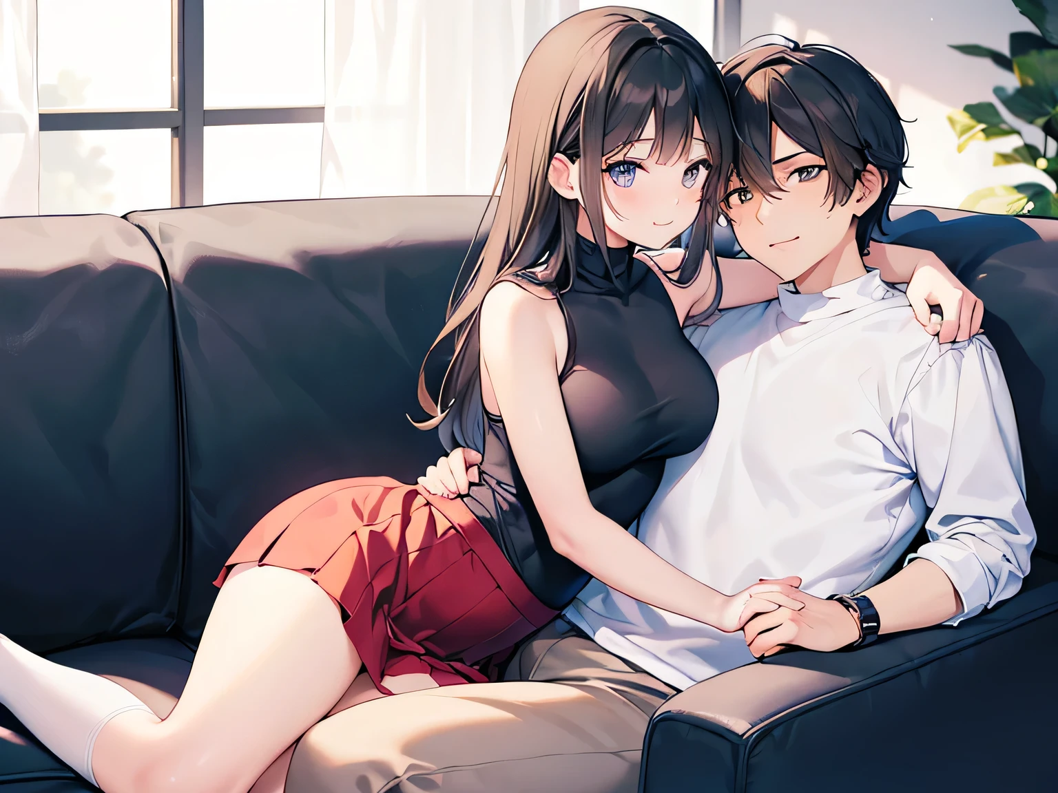(Masterpiece, top quality, high resolution, realistic photo, realistic looking skin:1.1),
(A couple, a man and a woman, are sitting on a sofa in a living room:1.8),
(They look lovey-dovey and happy:1.8),
(woman is 18 years old, wearing a white sleeveless turtleneck knit, a red mini-skirt, white socks and short black hair:1.5),
(The man is 36 years old and a little older, but dressed normally except for wearing a long-sleeved shirt:1.5),
(The place is a sofa in the living room:1.5),
Both genders are Japanese, full-bodied, full-bodied ethnocentric, beautiful eyes, shining eyes, shining thighs, NSFW