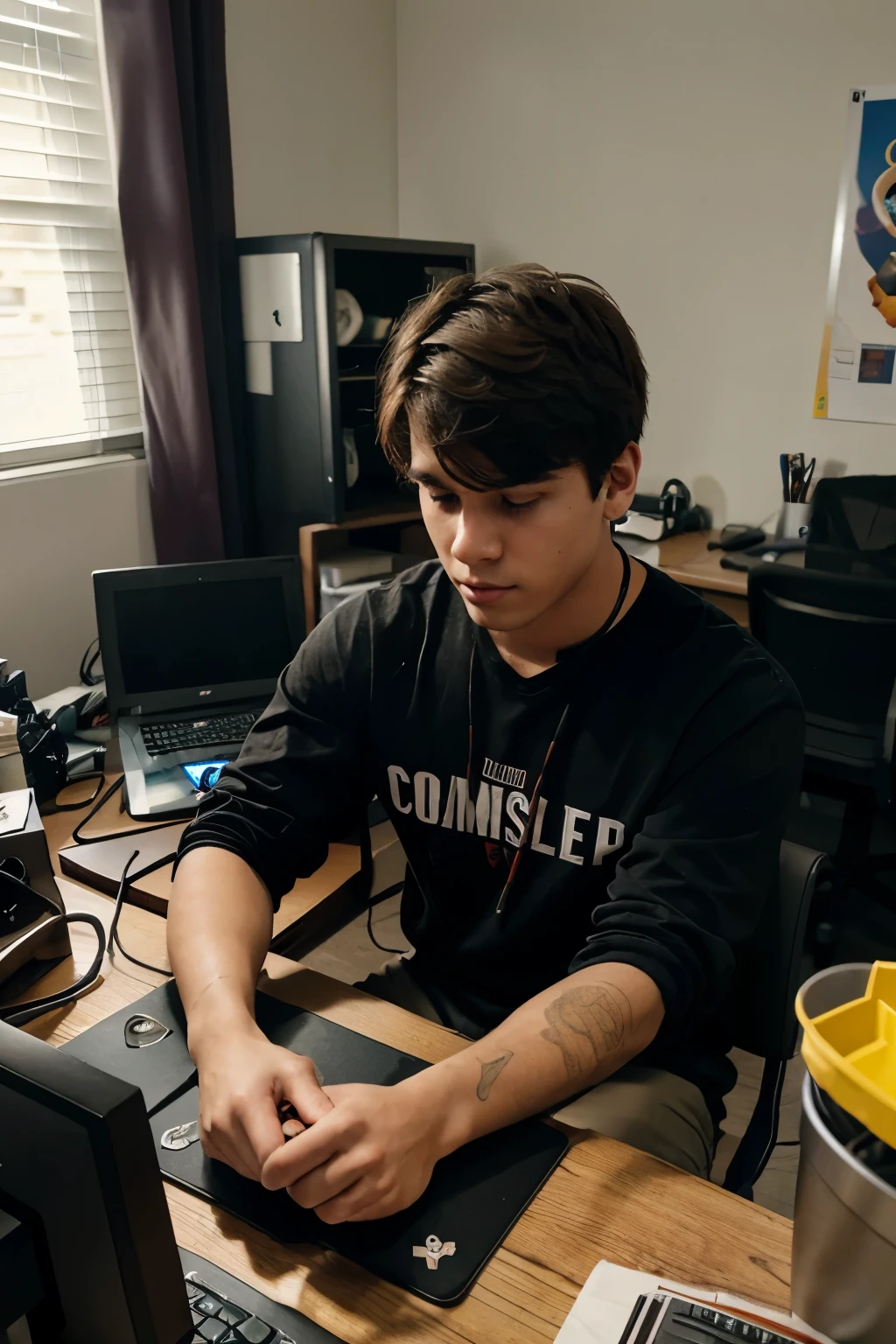 A male college student is sitting at the computer desk playing games with many trash around him