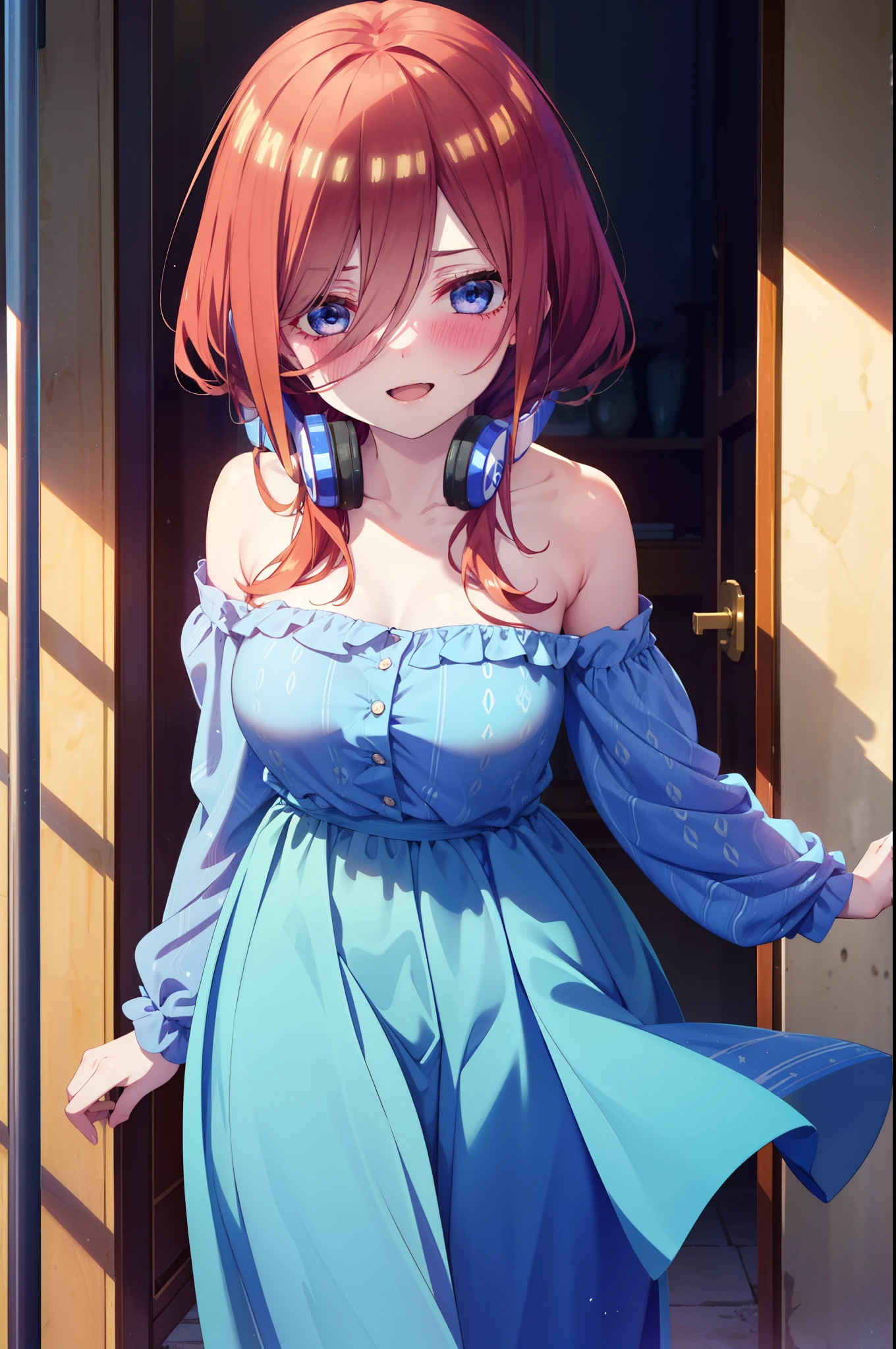 Mikunakano, Miku Nakano, Long Hair, bangs, blue eyes, Brown Hair, shirt, Hair between the eyes, Headphones around the neck,happy smile, smile, Open your mouth,Off-the-shoulder blue dress,Bare shoulders,bare clavicle,Bare neck,Bare arms,Blue long skirt,Cute heeled sandals,Real Summer,Daytime,sunny,My hair is blowing in the wind,whole bodyがイラストに入るように,
breakindoors, garden,
break looking at viewer, whole body,
break (masterpiece:1.2), highest quality, High resolution, unity 8k wallpaper, (shape:0.8), (Beautiful details:1.6), Highly detailed face, Perfect lighting, Highly detailed CG, (Perfect hands, Perfect Anatomy),