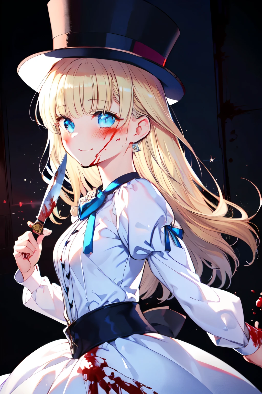 (1girl, solo), nadja, blonde hair, side ponytail, (blue eyes:1.5), long hair, (small breast:1.2), (hair ribbon, juliet sleeves, long sleeves, puffy sleeves, blood stained white dress:1.5, frills, top hat, black top hat, hat, hat flower, red heart brooch, jewelry,) looking at viewer, crazy smile, blush, ((blood, blood on arm, blood on face, blood on clothes, blood on hands, holding knife, knife)), serial killer, slasher, indoor, anime, (masterpiece), (best quality), (ultra-detailed), (best illustration), (best shadow), (absurdres), (detailed background), (very aesthetic), shiny, detailed beautiful eyes, outstanding, countershading, detailed soft lighting, an exquisite animation illustration, high resolution, unity 8k wallpaper, (illustration:1.5), anime style, (beautiful detailed eyes:1.6), extremely detailed face, perfect lighting, extremely detailed CG, (perfect hands, perfect anatomy), (dynamic pose, dynamic angle:1.1),