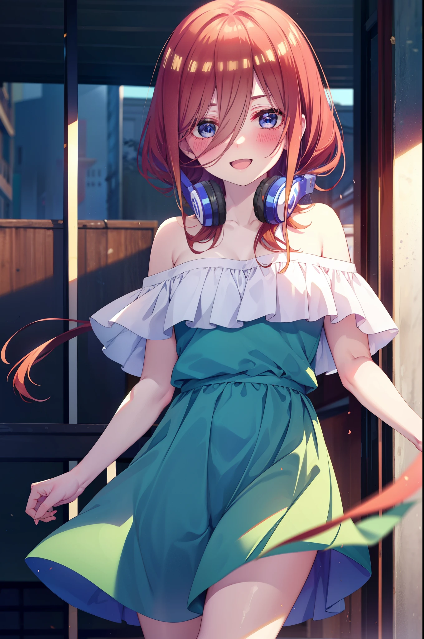 Mikunakano, Miku Nakano, Long Hair, bangs, blue eyes, Brown Hair, shirt, Hair between the eyes, Headphones around the neck,happy smile, smile, Open your mouth,Off-the-shoulder blue dress,Bare shoulders,bare clavicle,Bare neck,Bare arms,Blue long skirt,Cute heeled sandals,Real Summer,Daytime,sunny,My hair is blowing in the wind,whole bodyがイラストに入るように,
breakindoors, garden,
break looking at viewer, whole body,
break (masterpiece:1.2), highest quality, High resolution, unity 8k wallpaper, (shape:0.8), (Beautiful details:1.6), Highly detailed face, Perfect lighting, Highly detailed CG, (Perfect hands, Perfect Anatomy),