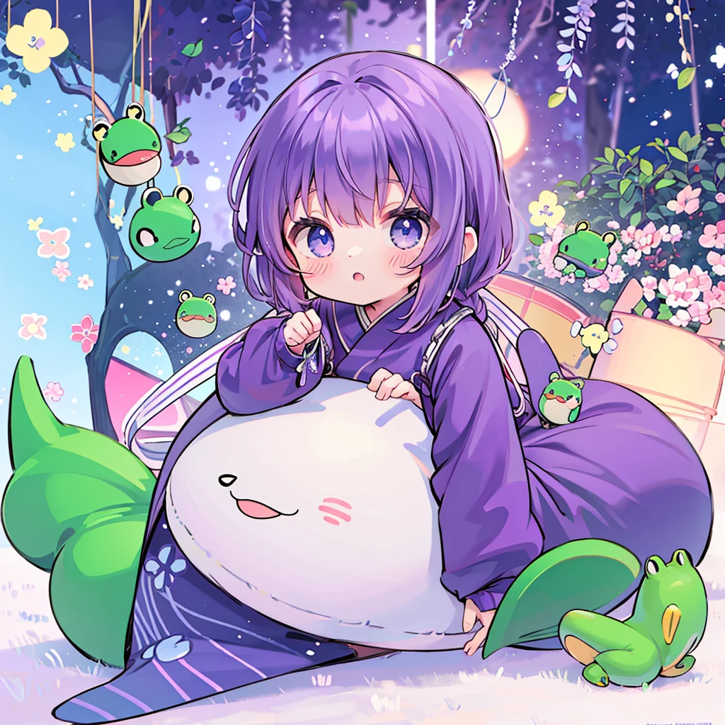 highest quality、masterpiece、Chibi Character、3 years old、boy、purpleの髪、Blue eyes、Wearing a frog costume、Looking up、hair、purple、Side braid