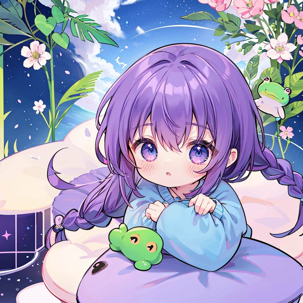 highest quality、masterpiece、Chibi Character、3 、boy、purpleの髪、Blue eyes、Wearing a frog costume、Looking up、hair、purple、Side braid