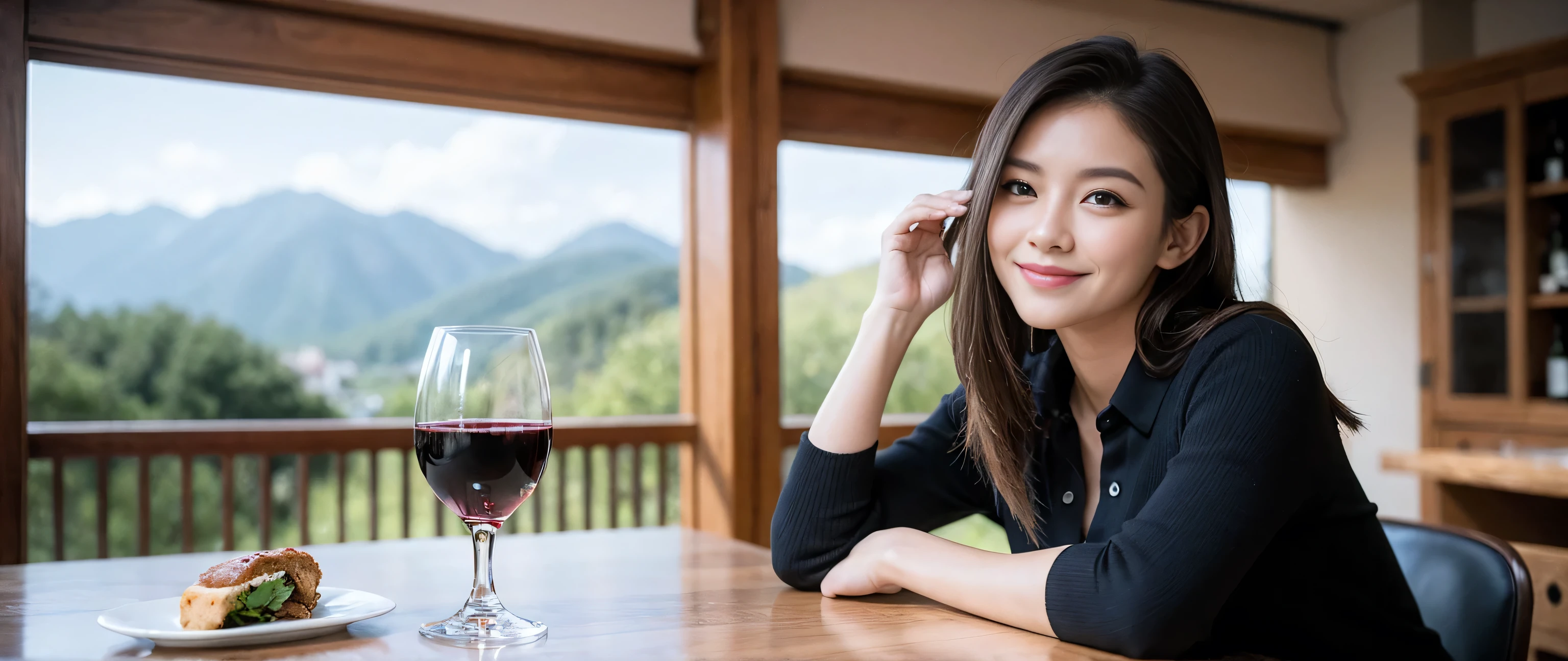 ((highest quality、8k、masterpiece:1.3))、1 male 1 female、couple、Lovers couple、Slim body、((Bob Hale、Straight hair:1.2))、(Realistic, Intricate details:1.2), Wine glass on the table、Shine light on your face、 Amazing view of the sunset sky and clouds、Amazing mountain views、A bright smile、A lovely woman with a smile、Bright image、Beautiful Face, blue eyes, The light shines on your face, Blushing, short hair,Bright Face、Fox face、 (40 years old), 39 years old, Lady、red wine 、Appetizers、Italian food、Wine bottle、Champagne、sparkling wine、Two beauties、Brown Hair、Shortcuts、Long sleeve shirt、dress、Pretty Woman 1, (Slim face), (The body is slim), (Brown Hair), (Shortcuts), cheeks turn a little red,Attractive beauty、, Out of the window, A beautiful and detailed night view unfolds.........., restaurant, In a prominent place (From the waist up) Nova Frog Style, actress, model, Upper Body, White wine, slim, wine glass, A wine glass placed in the middle, smile, (smile: 1.15), Beautiful fine grain, Depth f/2,saturation, High Contrast, Strong light and shadow,Moist Body:1.5、3D texture、Delicate eyes、Brown Hair、The hair is very shiny、