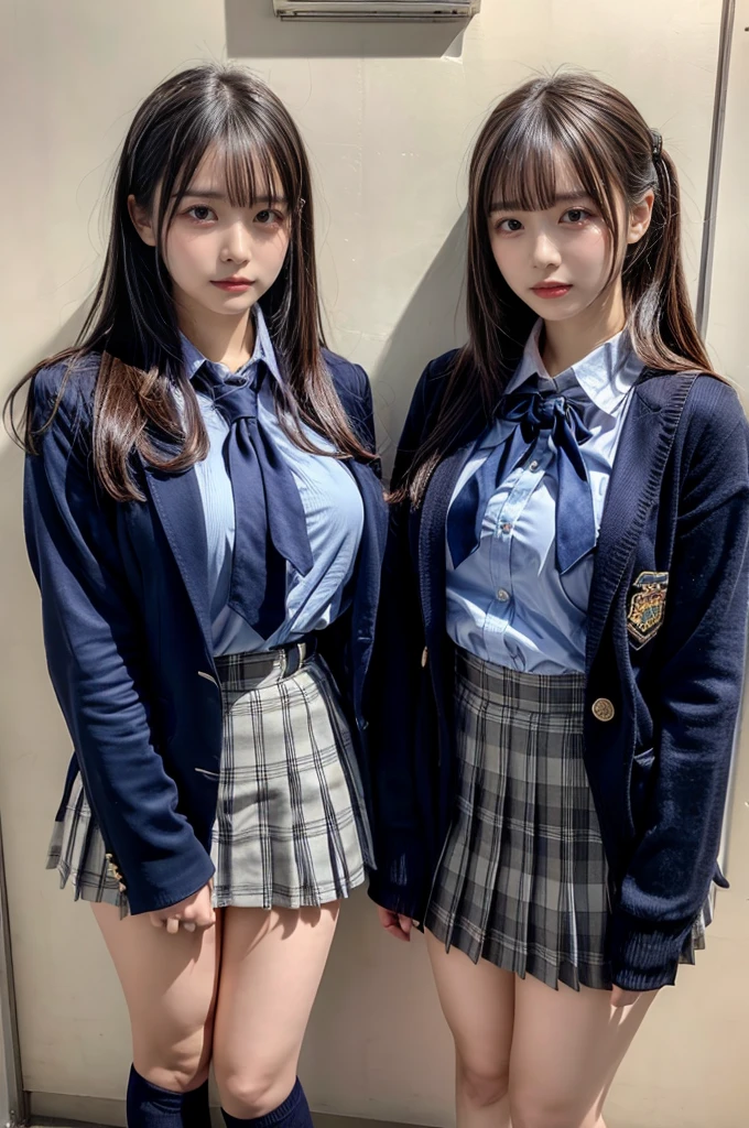 muster piece, best quality, illustration, Super detailed, fine details, High resolution, 8K,wall paper, perfect dynamic composition,(Details High quality, realistic depiction of eyes:1.3), ((2 girls, 2 schoolgirls)), from side, High School Classroom、High school girl uniform、blazer 、Super Short Check Uniform Skirt、Navy blue high socks、garterbelts、Colossal tits、Disturbed uniform,  short bob hair, black hair color, huge breasts, Big Natural Color Lip, bold sexy pose, (perfect body shape), crying a little、cold gaze, 20 year old girl、 beautiful legs, hposing Gravure Idol, Voluptuous thighs