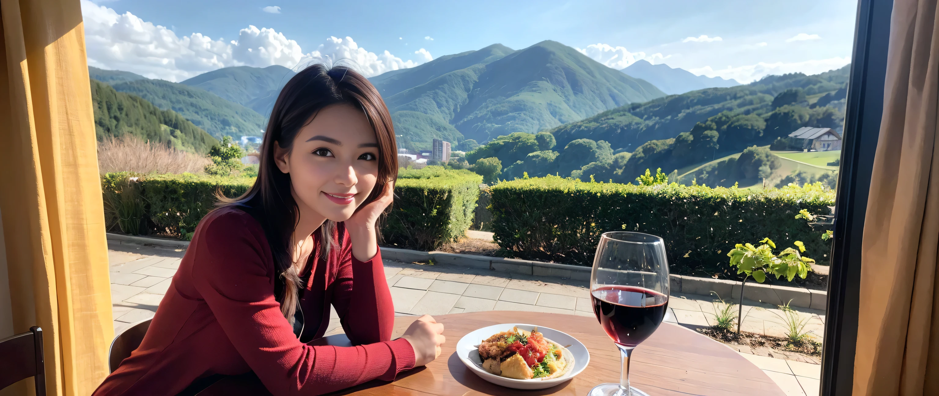 ((highest quality、8k、masterpiece:1.3))、1 male 1 female、couple、Lovers couple、Slim body、((Bob Hale、Straight hair:1.2))、(Realistic, Intricate details:1.2), Wine glass on the table、Shine light on your face、 Amazing view of the sunset sky and clouds、Amazing mountain views、A bright smile、A lovely woman with a smile、Bright image、Beautiful Face, blue eyes, The light shines on your face, Blushing, short hair,Bright Face、Fox face、 (40 years old), 39 years old, Lady、red wine 、Appetizers、Italian food、Wine bottle、Champagne、sparkling wine、Two beauties、Brown Hair、Shortcuts、Long sleeve shirt、dress、Pretty Woman 1, (Slim face), (The body is slim), (Brown Hair), (Shortcuts), cheeks turn a little red,Attractive beauty、, Out of the window, A beautiful and detailed night view unfolds.........., restaurant, In a prominent place (From the waist up) Nova Frog Style, actress, model, Upper Body, White wine, slim, wine glass, A wine glass placed in the middle, smile, (smile: 1.15), Beautiful fine grain, Depth f/2,saturation, High Contrast, Strong light and shadow,Moist Body:1.5、3D texture、Delicate eyes、Brown Hair、The hair is very shiny、