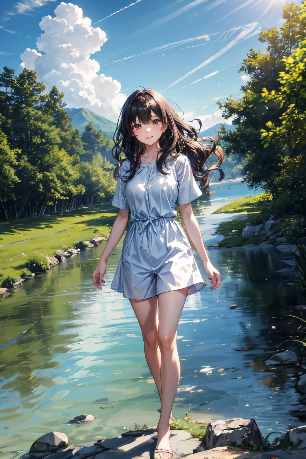 ((best quality)), ((masterpiece)), (detailed), perfect face,Create a charming, heartwarming scene of a cute girl and a cute boy walking hand-in-hand along a riverbank. The girl has long, wavy hair and is wearing a light, summery dress, while the boy has short, tousled hair and is dressed in a casual t-shirt and shorts. They are smiling and looking at each other affectionately. The river beside them is calm and clear, reflecting the blue sky above. The riverbank is lush with green grass, wildflowers, and a few scattered trees providing dappled shade. In the background, there are gentle hills and a bright, sunny sky with a few fluffy clouds. The overall mood of the image should be one of youthful joy, love, and the simple pleasures of a beautiful day outdoors.