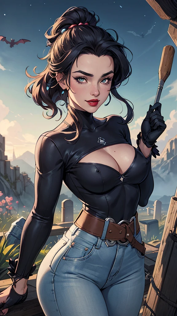 PersonageCartoon style digital illustration GTA stylem mulher estilo atompunk Fiona rainha Anna de Arendelle com marcas de guerras Imagem de desenho animado de uma mulher .Ilustra??o estilo desenho animado, estilo de arte dos desenhos animados, estilo de arte dos desenhos animados, digital illustration style, estilo atompunk design de personagens altamente detalhado, arte digital detalhada coragem, Forest fan art, Design de personagens de retrato, beautiful digital illustration, retrato de alta qualidade, Arte em quadrinhos, mulher jovem cabelo com transas lindas . Queen Anna of ArendelleBeautiful lined eyes Medium large bust and wonderful sexy clothes. image expression of sexual desire from waist to head illustration Queen Anne of Arendelle atompunk style Fallout 4 style pose a close-up of a woman with a flower in her hair, obras de arte no estilo de guweiz, extremely detailed digite germe, digite germe. alto detalhe, style digite germe, digite germe. anime illustration, digite germe portrait, even model | digite germe, digite germe and rossdraws playboy mulher, Pele branca, olhos verdes, cabelo preto, cabelo ondulado, cabelo liso, franja, cabelo longo, Cabelo ao vento, cemetery at night, Jeans apertado, blue jeans, Botas pretas, top muito decotado, Topo branco, Parte superior transparente, jaqueta aberta, jaqueta preta, andando, Horror, decote, visible nipples, sorridente, looking at the camera, Red lips, Athletic, Bats in the sky, Atmosfera assustadora, Tiro frontal.Cartoon style digital illustration GTA style