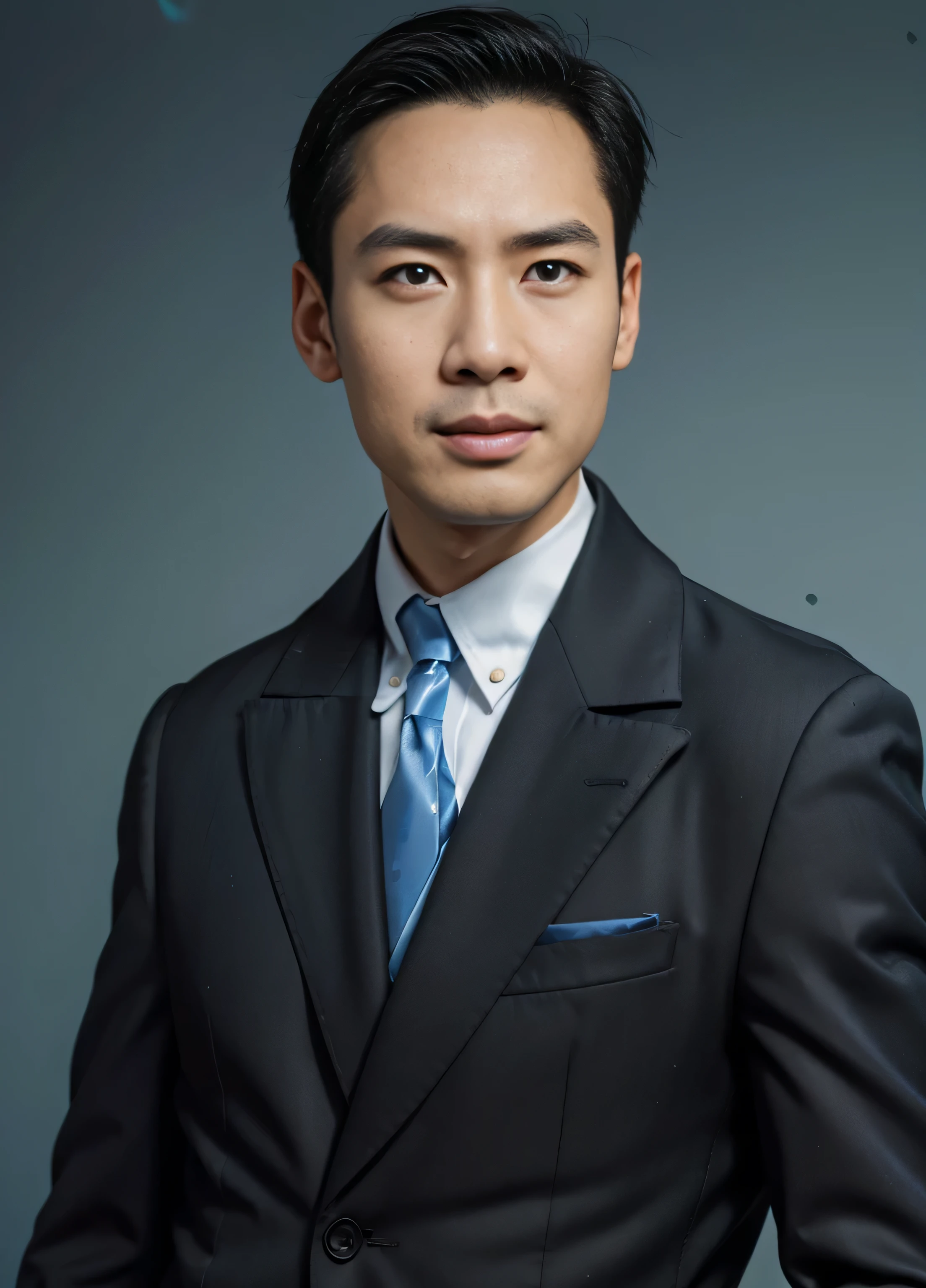 Highly realistic photo, ((masterpiece), (best quality), (raw photo), (photorealistic:1.4), Portrait of Vietnamese man, 35 years old, ((black hair)), ((dark suit)), ((light blue background)), photo taken by Sony A7IV
