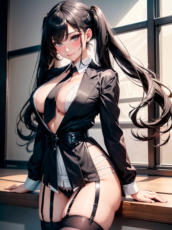 (Manhwa style), a sexy girl, long black straight hair, twintail hair, black eyes, beautiful eyes, blush on make up, red eyeliner, black neck tie, white shirt, mini pleated skirt, stockings, garter belt, big breasts, blushing, smiling, (high quality), (best quality), (full body), sexy lips, cleavage, big hips,