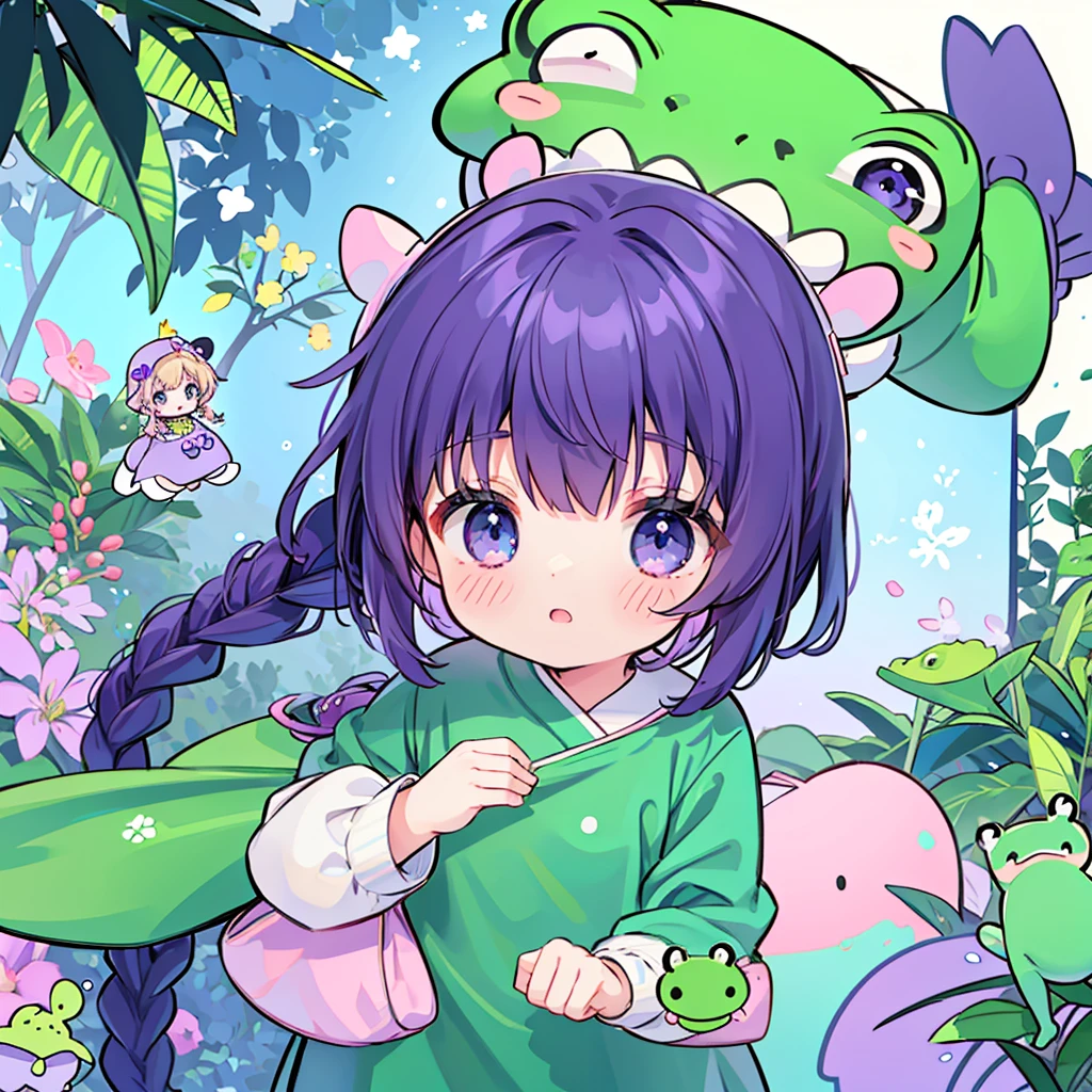 highest quality、masterpiece、Chibi Character、、boy、purpleの髪、Blue eyes、Wearing a green frog costume、Looking up、hair、purple、Side braid