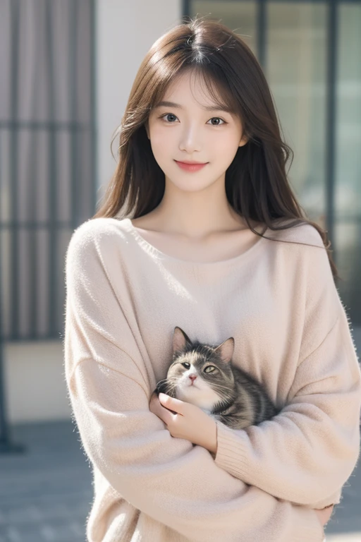 Superb Quality, Masterpiece, High Resolution, 1Girl, Blush, (Seductive Smile: 0.8), , (High Detail Skin: 1.2), 8K UHD, SLR, Soft Light, High Quality, Volume Lighting, C High Resolution, 4K, 8K, Real Person, upper body, Holding a cat, cute, sweet, plain thin clothes