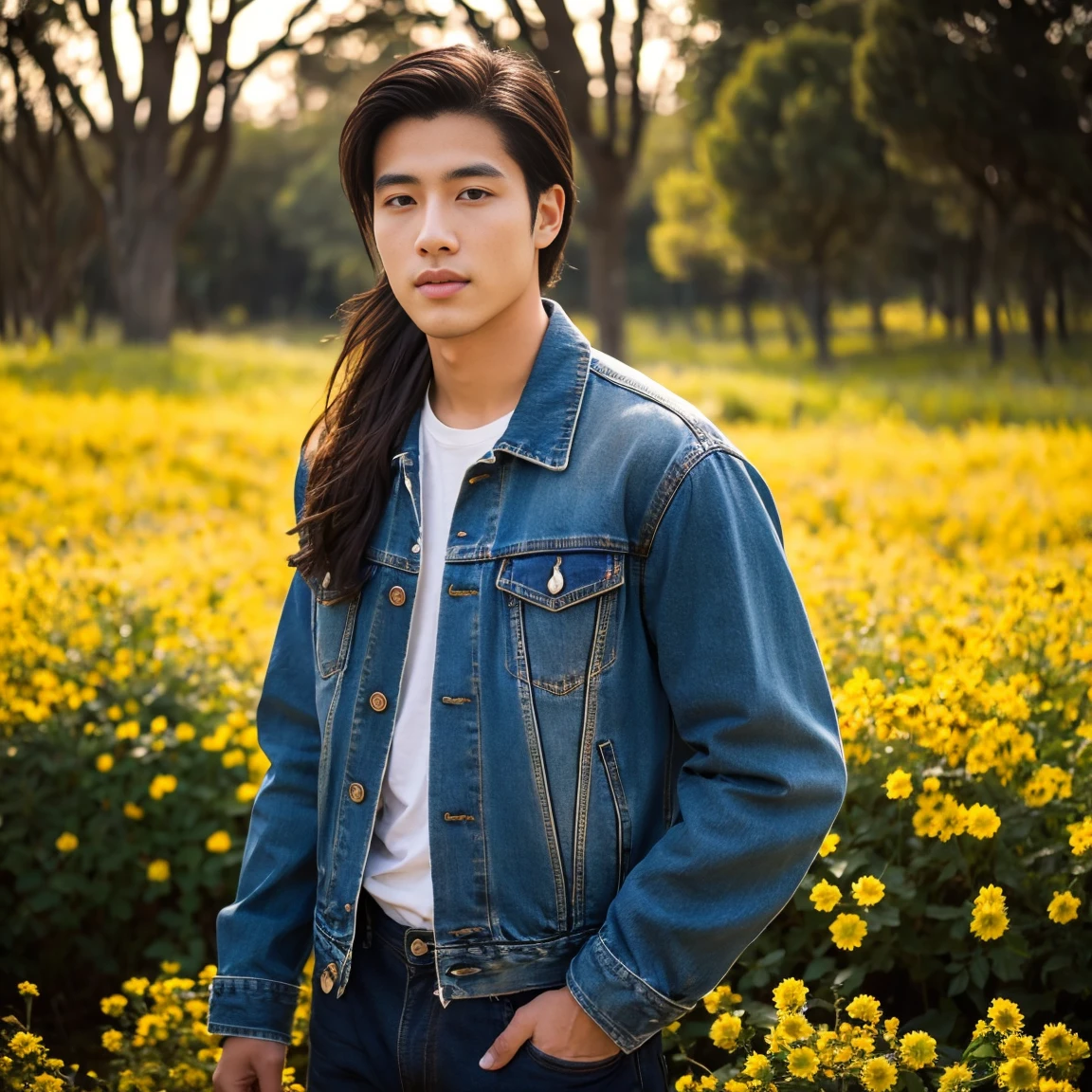 Young Asian man, 25 years old, His long hair flowed up.,) Bright dark black denim jacket,) very handsome,) ,Jeans) outdoors in the countryside , There are red and yellow flowers around.,) best quality, 10, height:1.2), 8K Special Details, (realistic:1.37), Portrait, Full body, Posing from different angles,, bright colors, Warm light, shot with a high quality camera 45,000,000,000,Pixels, Realistic light colors,