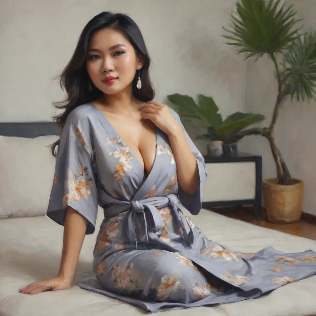 A lovely busty malaysian woman barely covering herself in a komono. she is teasing the viewer