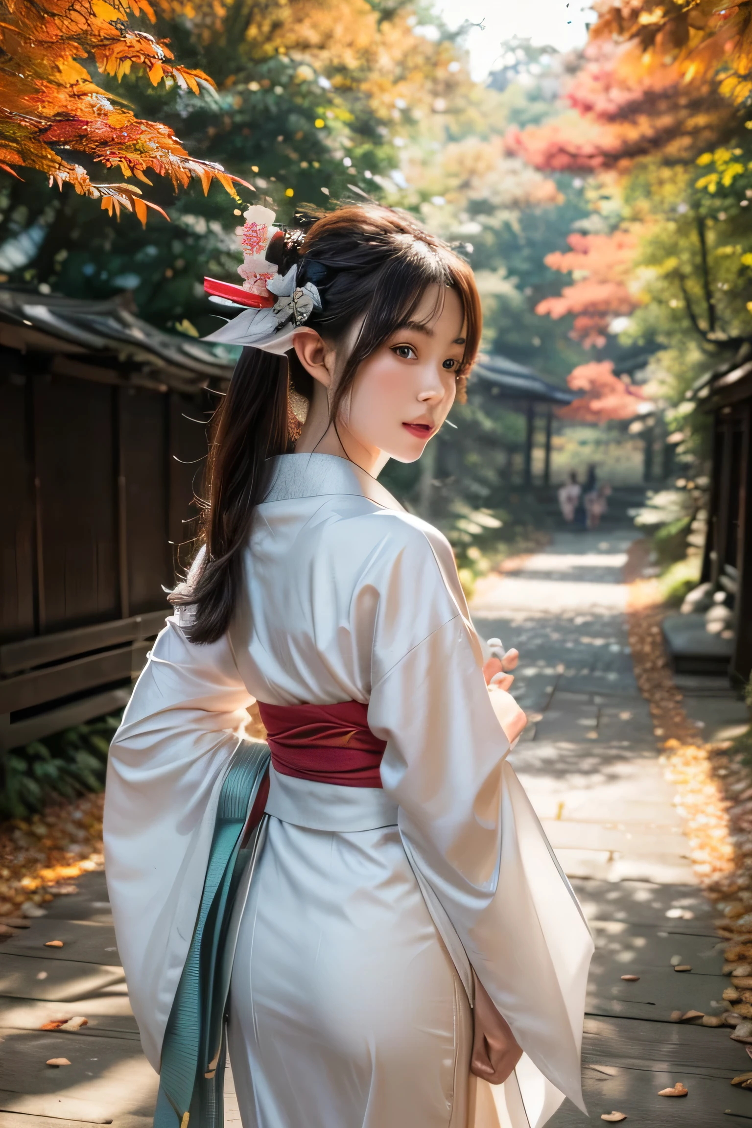 (Ultra-delicate CG Unity 8K wallpaper), (masterpiece), (best quality), (Practical), geisha, kimono, dance, Elf, Pointed ears, ((best quality)), (Super detailed)), (((photo)), Autumn Japanese Forest  