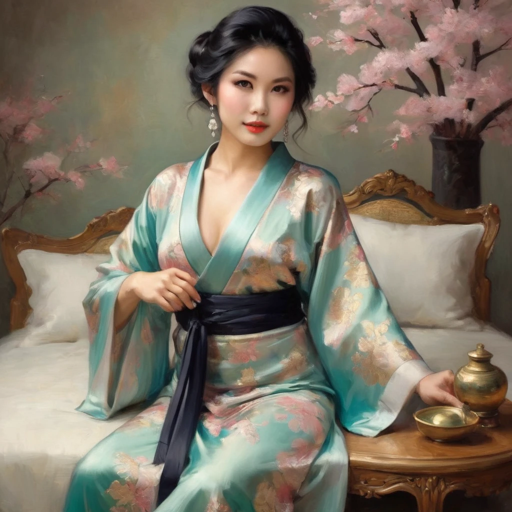 (a lovely busty malaysian woman:1.1,barely covering herself,teasing the viewer),traditional japanese komono,exquisite silk fabric,elaborate floral patterns,(best quality,highres),soft lighting,warm color tones,vibrant colors,delicate lace details,enticing expression,lustrous black hair,seductively posed,alluring atmosphere,subtle makeup,inviting gaze,subtle blush,flirtatious smile,beautifully manicured nails,graceful body movements,sensual curves,charming personality,eye-catching accessories,playful charm,sheer elegance,attractive silhouette,subtly revealed skin,confidence and poise,traditional japanese fans,feminine allure,mysterious aura,captivating beauty,irresistible charm,exotic allure,mesmerizing presence,impeccable style,cultural fusion,luxurious indulgence,unique beauty,lustful desires.