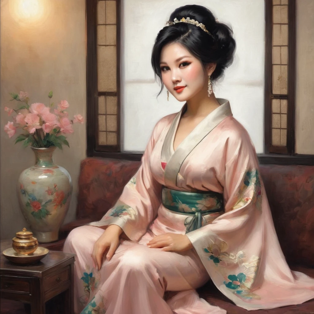 (a lovely busty malaysian woman:1.1,barely covering herself,teasing the viewer),traditional japanese komono,exquisite silk fabric,elaborate floral patterns,(best quality,highres),soft lighting,warm color tones,vibrant colors,delicate lace details,enticing expression,lustrous black hair,seductively posed,alluring atmosphere,subtle makeup,inviting gaze,subtle blush,flirtatious smile,beautifully manicured nails,graceful body movements,sensual curves,charming personality,eye-catching accessories,playful charm,sheer elegance,attractive silhouette,subtly revealed skin,confidence and poise,traditional japanese fans,feminine allure,mysterious aura,captivating beauty,irresistible charm,exotic allure,mesmerizing presence,impeccable style,cultural fusion,luxurious indulgence,unique beauty,lustful desires.