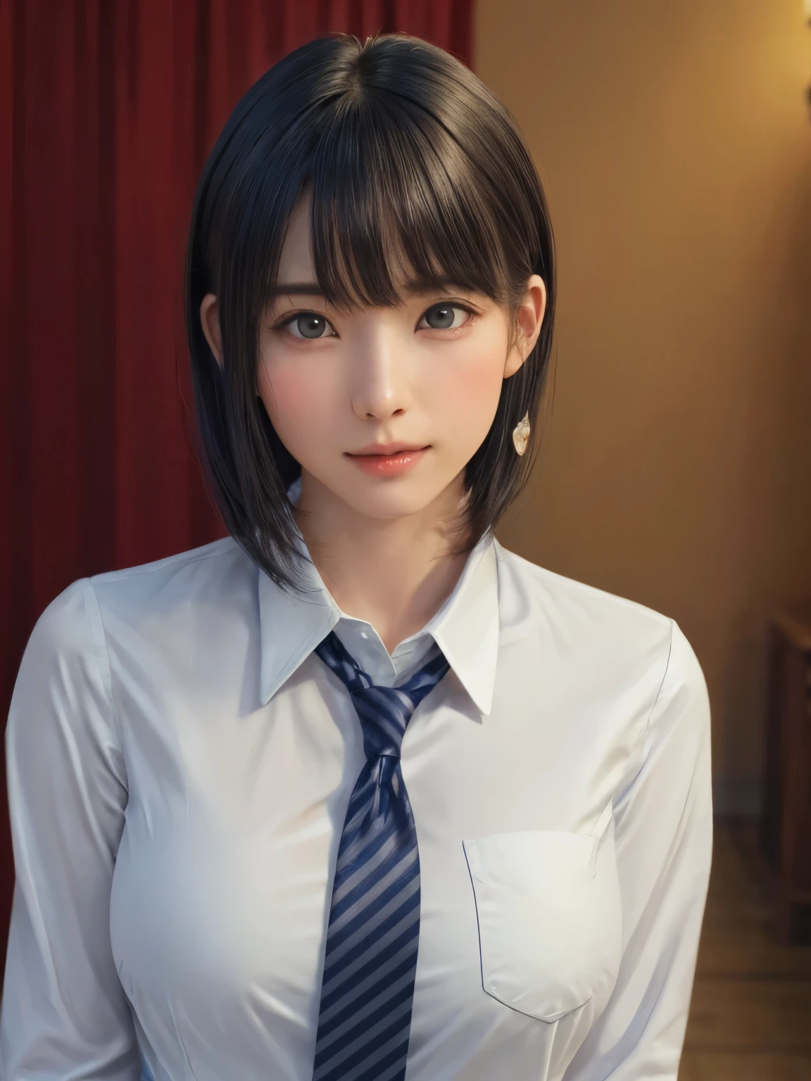 (masterpiece:1.3), (Realistic, RAW Photos, highest quality: 1.4), (One Girl), Beautiful Face, (超Realistic Face、シンメトリーのBeautiful Face), (Short black hair, short hair:1.6、bangs:1.3、Show off your beautiful ears), Beautiful Hairstyles, (Realistic eyes), Beautiful details, Long eyelashes, (Realistic Skin), Beautiful Skin, [Big Breasts:1.3], {huge|big|hugeな|Mega} chest, (Perfect body:1.3), (Detailed body:1.2), (tie), (Collared shirt, Pleated skirt:1.3), Absurd, charm, Ultra-high resolution, Ultra-realistic, Very detailed, Golden Ratio,Very cute beautiful woman、28 years old、Beautiful angle from the back