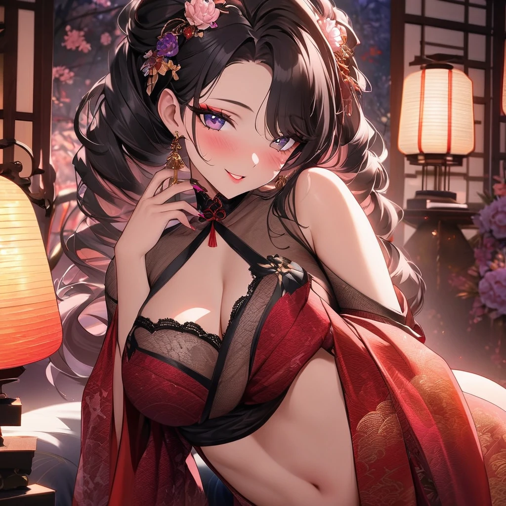 (a lovely busty malaysian woman:1.1,barely covering herself,teasing the viewer),traditional japanese komono,exquisite silk fabric,elaborate floral patterns,(best quality,highres),soft lighting,warm color tones,vibrant colors,delicate lace details,enticing expression,lustrous black hair,seductively posed,alluring atmosphere,subtle makeup,inviting gaze,subtle blush,flirtatious smile,beautifully manicured nails,graceful body movements,sensual curves,charming personality,eye-catching accessories,playful charm,sheer elegance,attractive silhouette,subtly revealed skin,confidence and poise,traditional japanese fans,feminine allure,mysterious aura,captivating beauty,irresistible charm,exotic allure,mesmerizing presence,impeccable style,cultural fusion,luxurious indulgence,unique beauty,lustful desires.